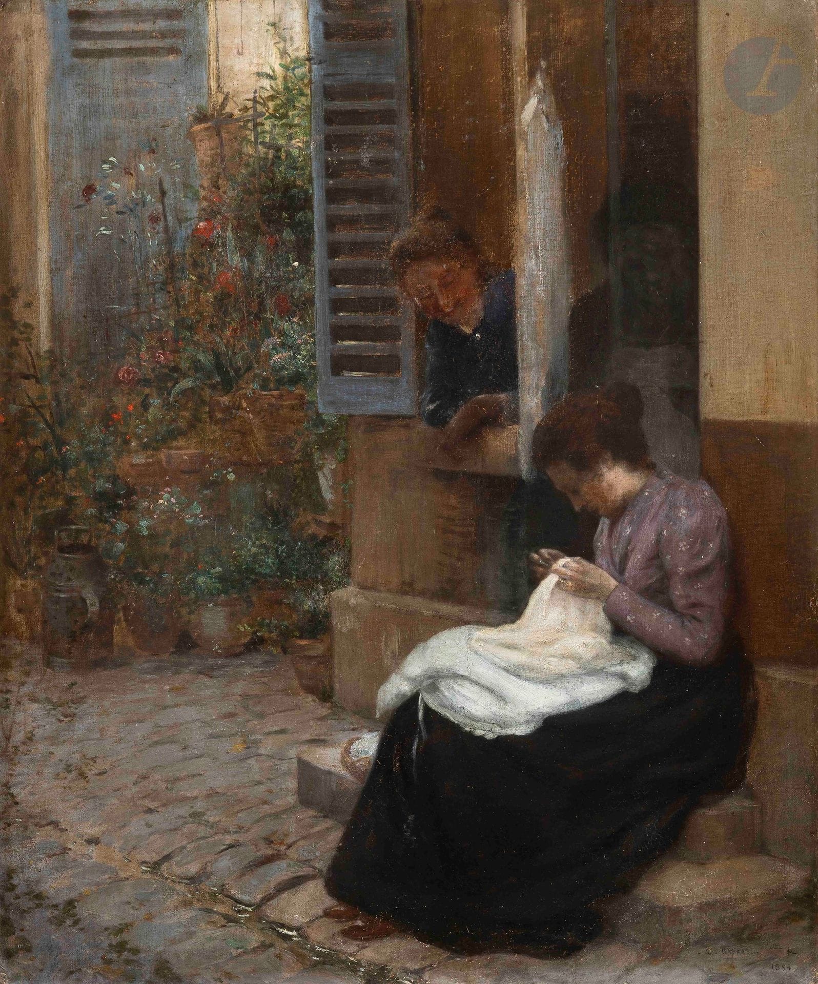 ÉCOLE FRANÇAISE DE LA FIN du XIXe siècle
Femme cousant devant la maison, 1894
Huile sur toile.
Signée (effacée) et datée en bas à droite.
55 x 46 cm