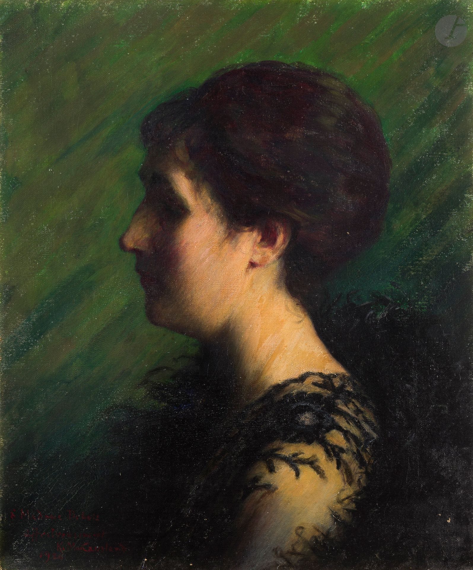 Katherine MACCAUSLAND (1860-1930)
Portrait de femme de profil, 1920
Huile sur toile.
Signée, datée et dédicacée "À Madame Dubois" en bas à gauche.
46 x 38 cm