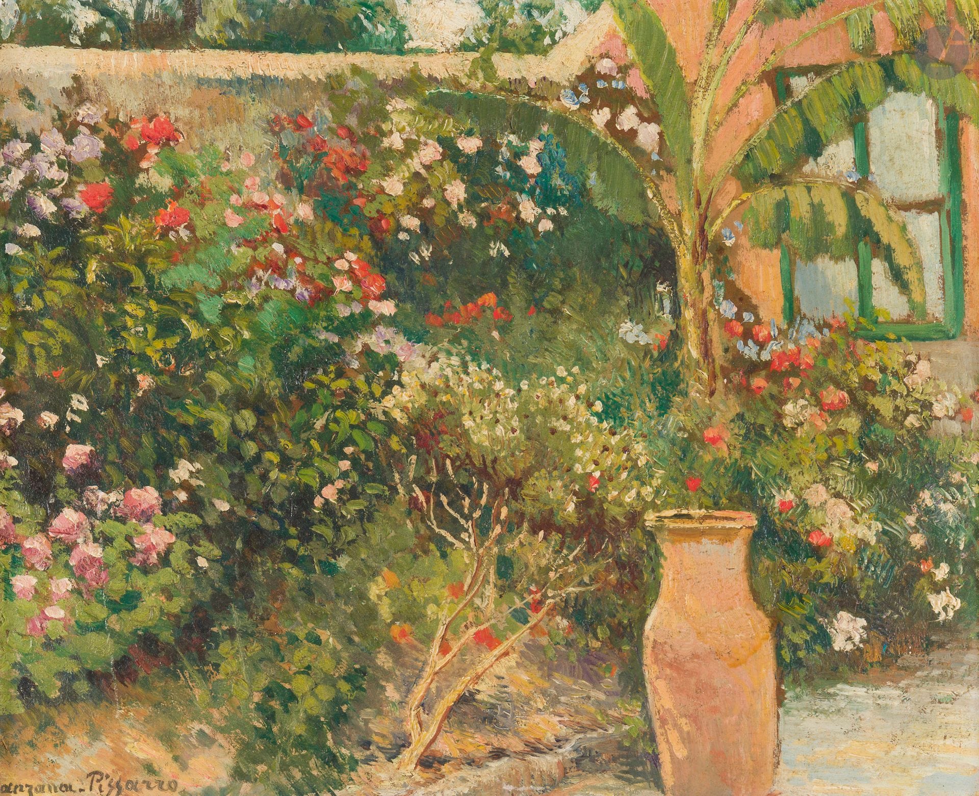 Georges MANZANA-PISSARRO (1871-1961)
Casablanca, le petit jardin de la Galerie du Livre
Huile sur carton.
Signée en bas à gauche.
Signée, située et dédicacée " à l'ami Désandré " au dos.
33 x 40,5 cm