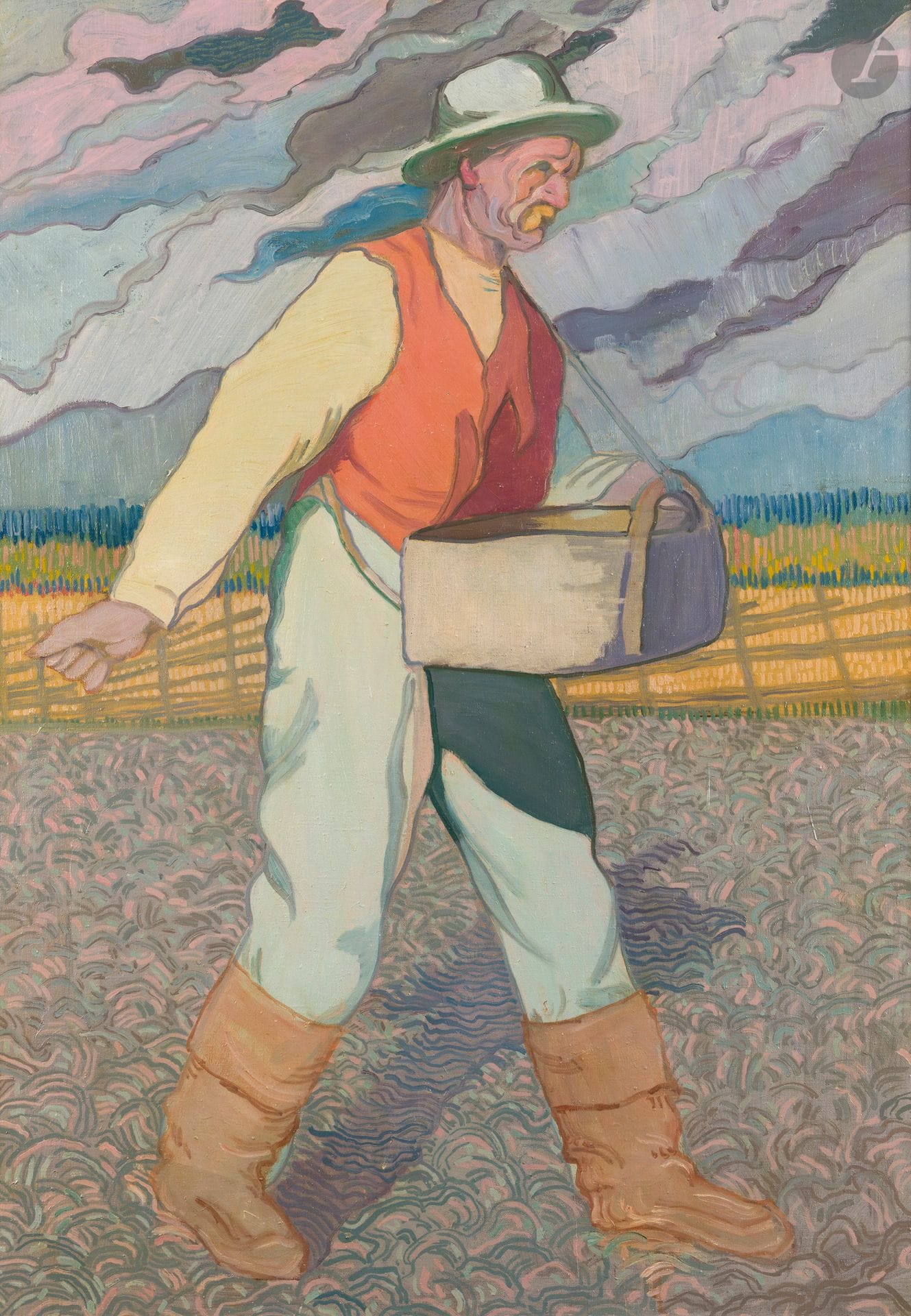 Joseph ALANEN (1885-1920)
The Sower
Oil on canvas.
Signed on the stretcher.
110 x 78 cm

Provenance : 
- Lili Polameri Collection (label on back).
- Bukowskis sale, Helsinki, April 8, 2006, no. 311.
- Galerie Franck Laigneau, Paris.

Exhibition: 
Taidemuseo, Tampere, 1969 (label on back).