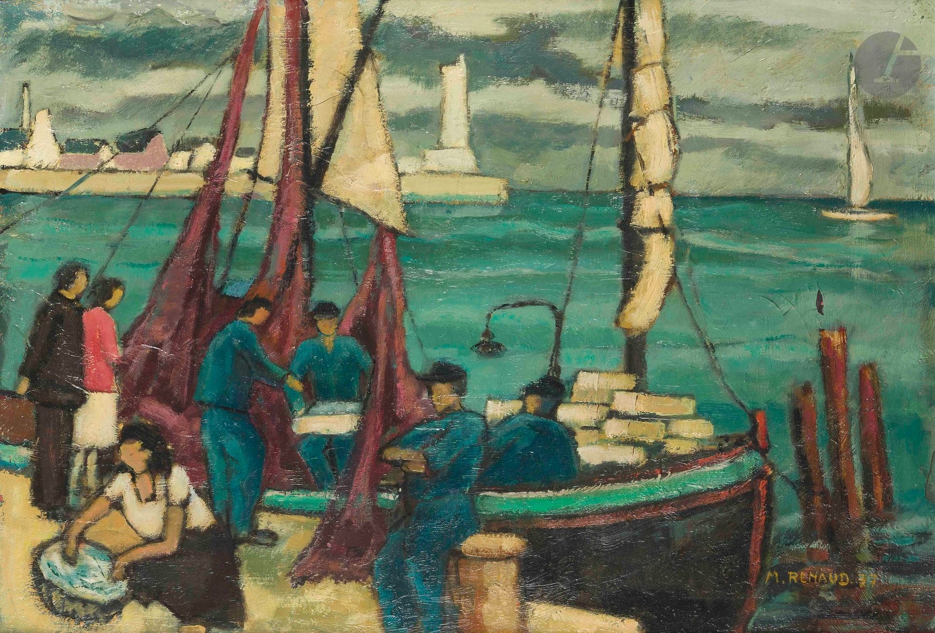 M. RENAUD (XXe siècle)
Le Retour de pêche, 1957
Huile sur toile.
Signée et datée en bas à droite.
(Soulèvements et petits manques).
53 x 71 cm