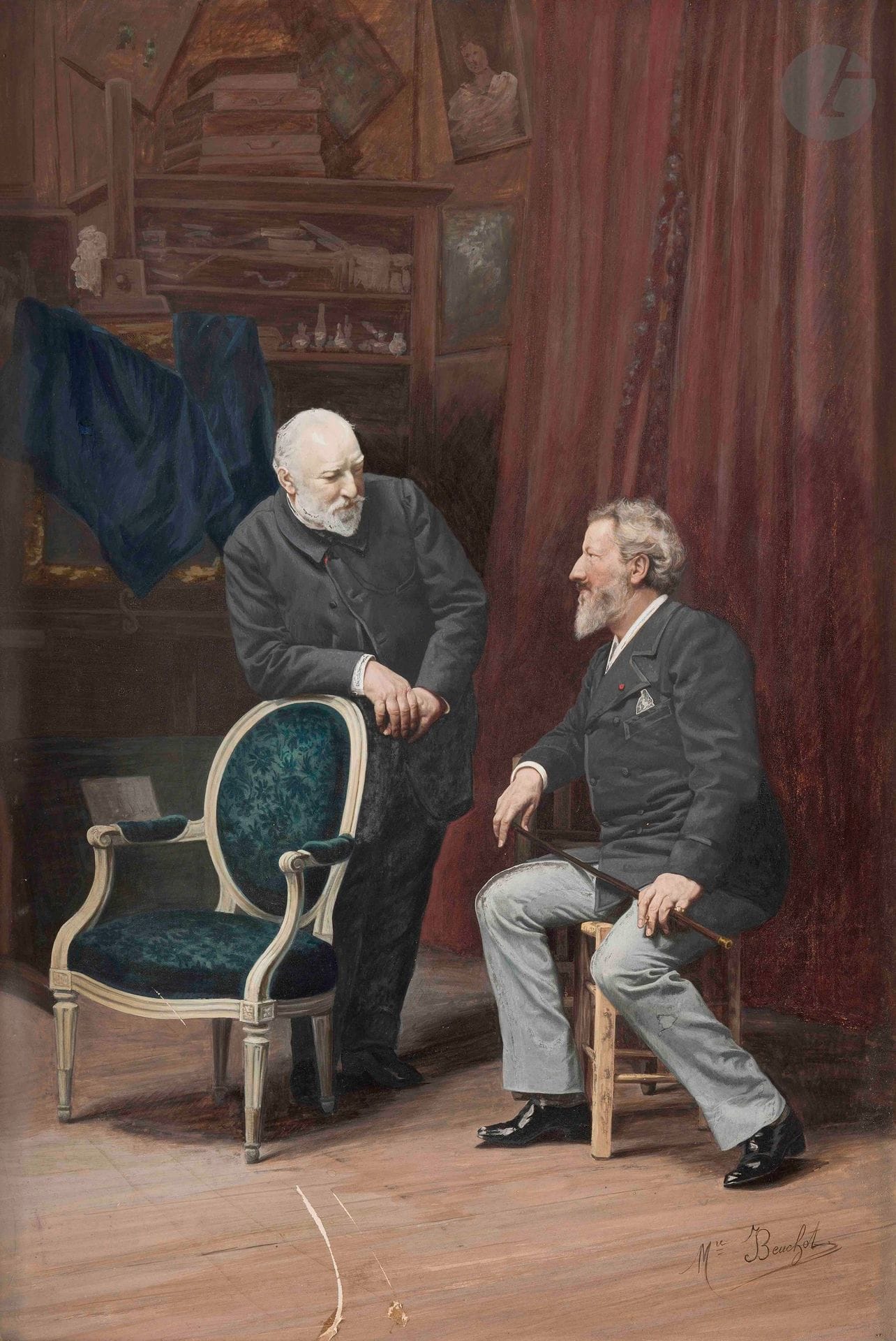 Jean-Baptiste BEUCHOT (1821-1885)
Les artistes Édouard Sain et Carolus-Duran, vers 1880-85
Gouache sur papier contrecollé sur carton.
Signée en bas à droite.
(Griffures et manque).
63 x 43 cm

Provenance : 
Collection Édouard Sain.