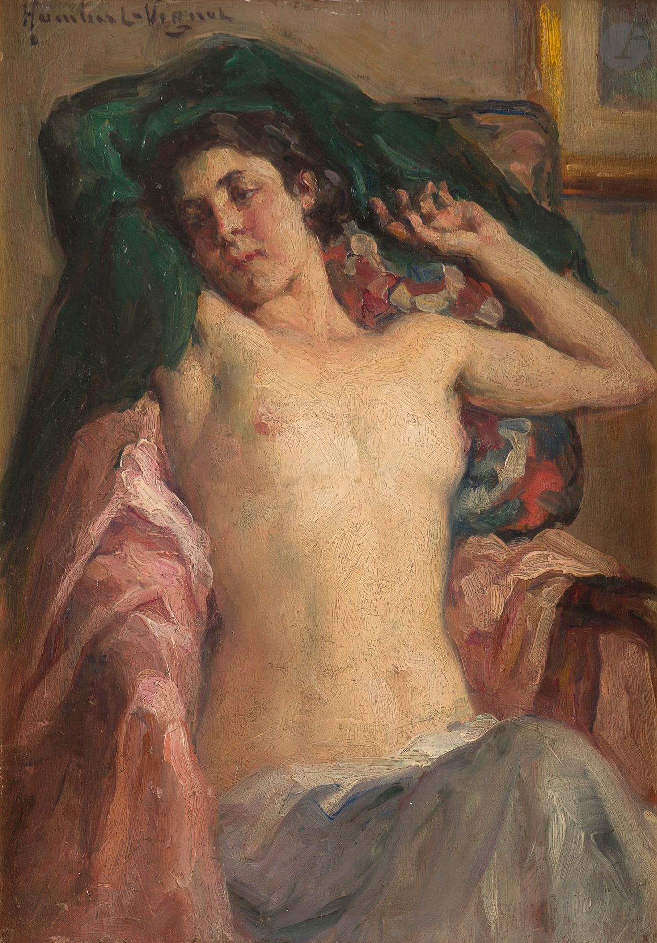Léonie HUMBERT-VIGNOT (1878-1960)
Nu assis au châle vert
Huile sur panneau.
Signée en haut à gauche.
33 x 23,5 cm