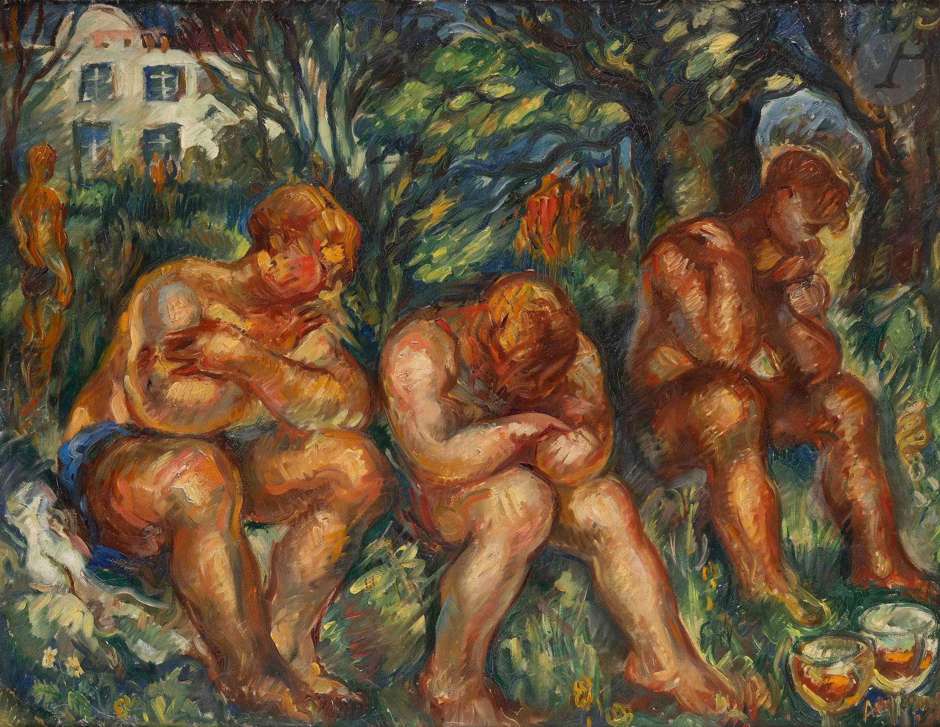 Jean AUJAME (1905-1965)
Les Amis d'Amfreville, 1928
Huile sur toile.
Signée et datée en bas à droite.
73 x 92 cm

Provenance : 
Vente d'atelier, Me Claude Robert, Hôtel Drouot, Paris, 14 mars 1969, catalogue, n° 56, non reproduit  (tampon au dos).