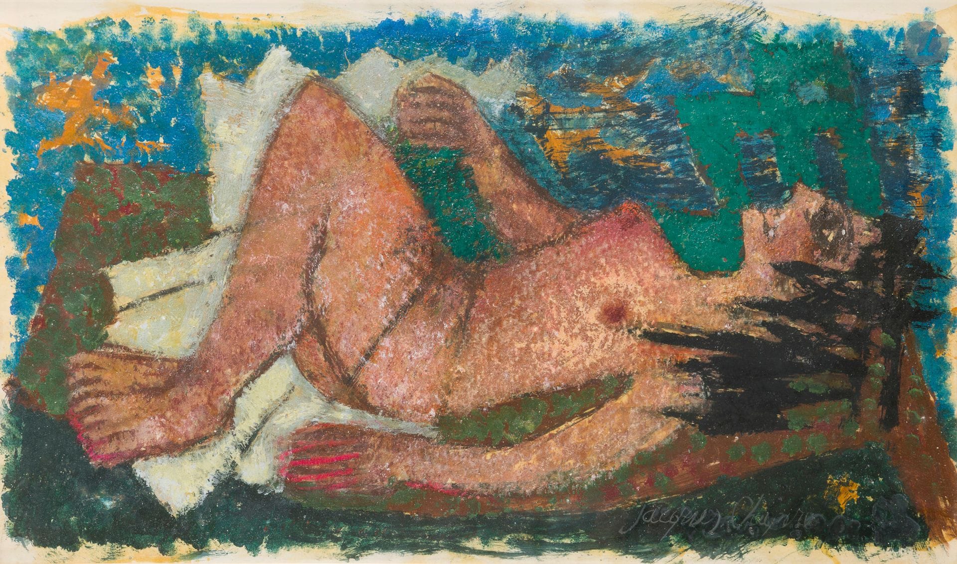 Jacques CHAPIRO (1887-1972)
Femme nue alanguie
Technique mixte sur papier.
Signée en bas à droite.
38 x 64,5 cm