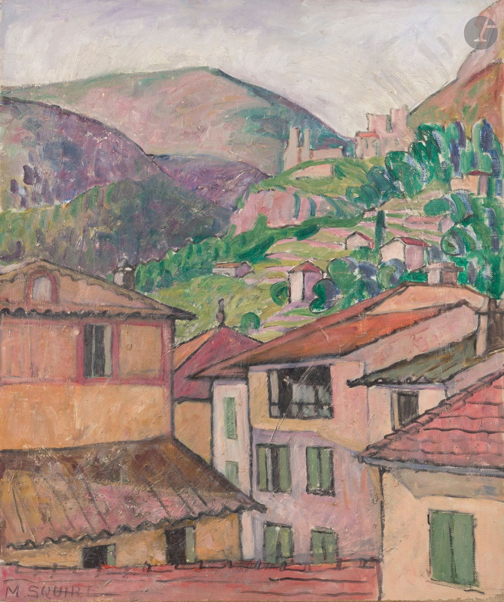 Maud Hunt SQUIRE (1873-1954)
Au-dessus des toits
Huile sur toile.
Signée en bas à gauche.
Signée, datée, titrée et située " Vence " au dos.
(Usures).
81 x 65 cm

Provenance : 
Collection de l'artiste Ethel Mars, Saint-Paul-de-Vence.