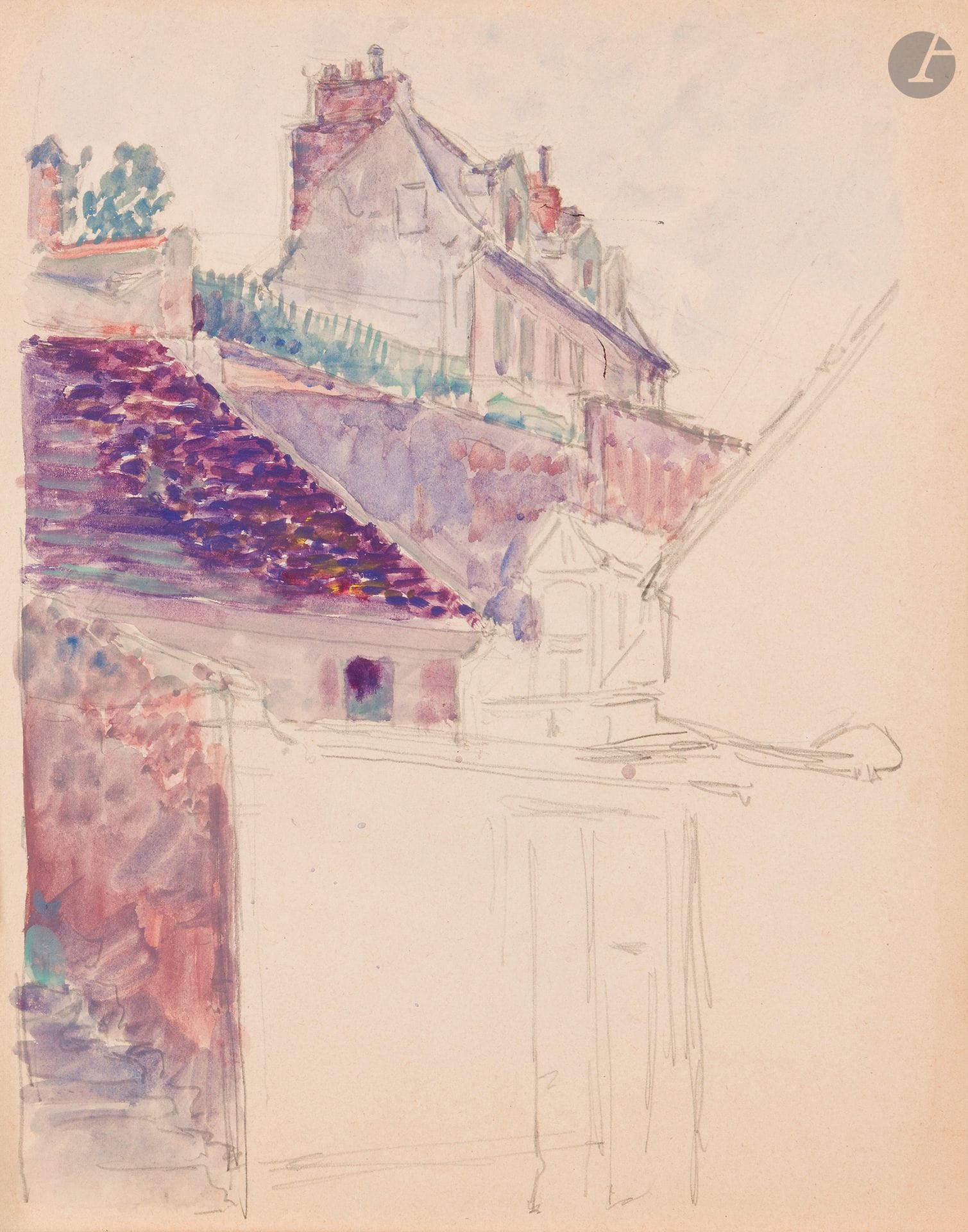 Louis HAYET (1864-1940)
Pontoise, maison rue Pierre Butin
Aquarelle sur traits de crayon.
23 x 18,5 cm

Provenance : 
Collection Jean Sutter, éminent collectionneur de l'artiste, son timbre au dos (Lugt 3542).