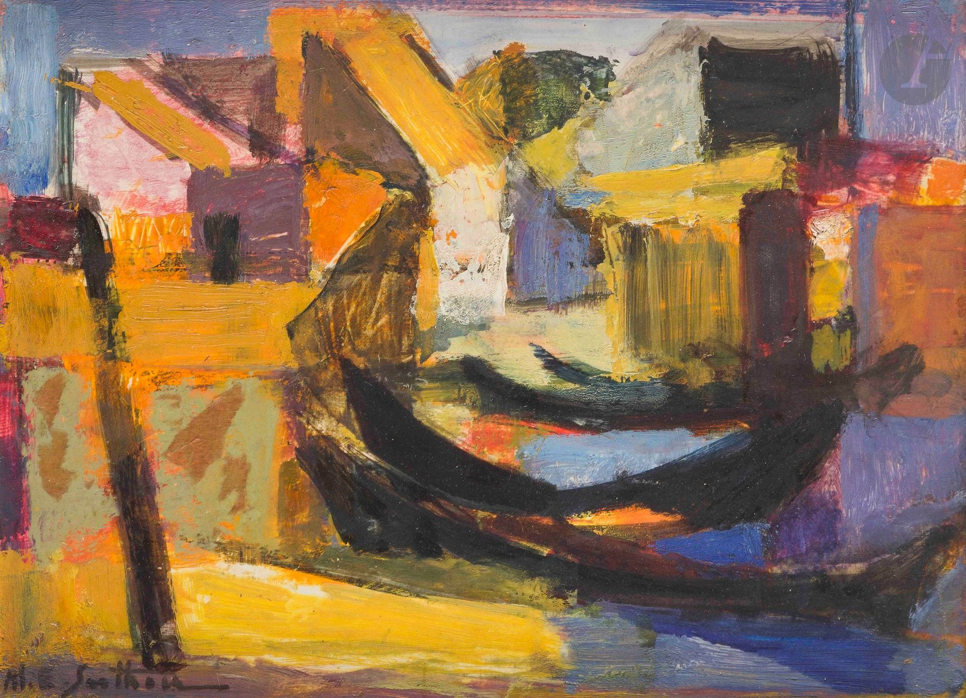 Maurice-Élie SARTHOU (1911-1999)
Bateau au port
Huile sur isorel.
Signée en bas à droite.
24 x 33 cm