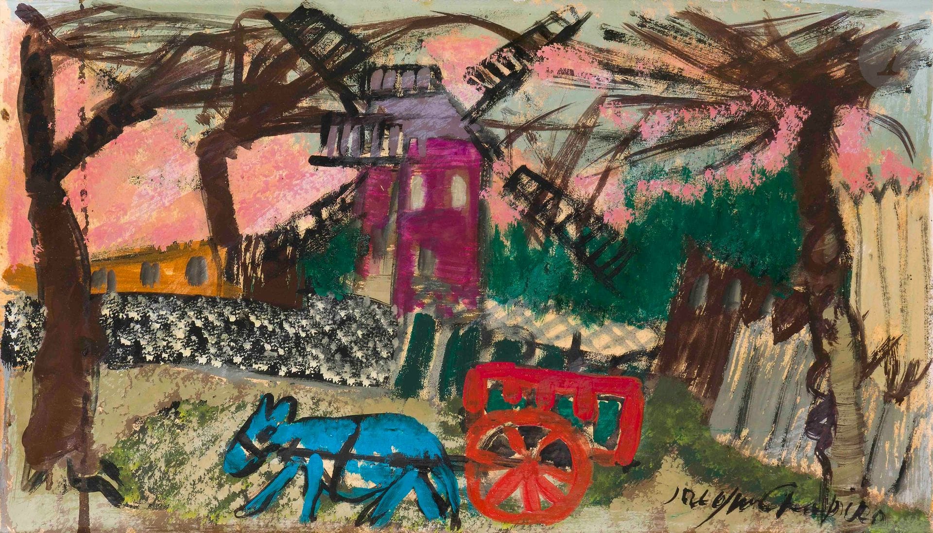 Jacques CHAPIRO (1887/97-1972)
Le Moulin rose
Huile sur carton.
Signée en bas à droite.
(Taches).
27 x 46 cm