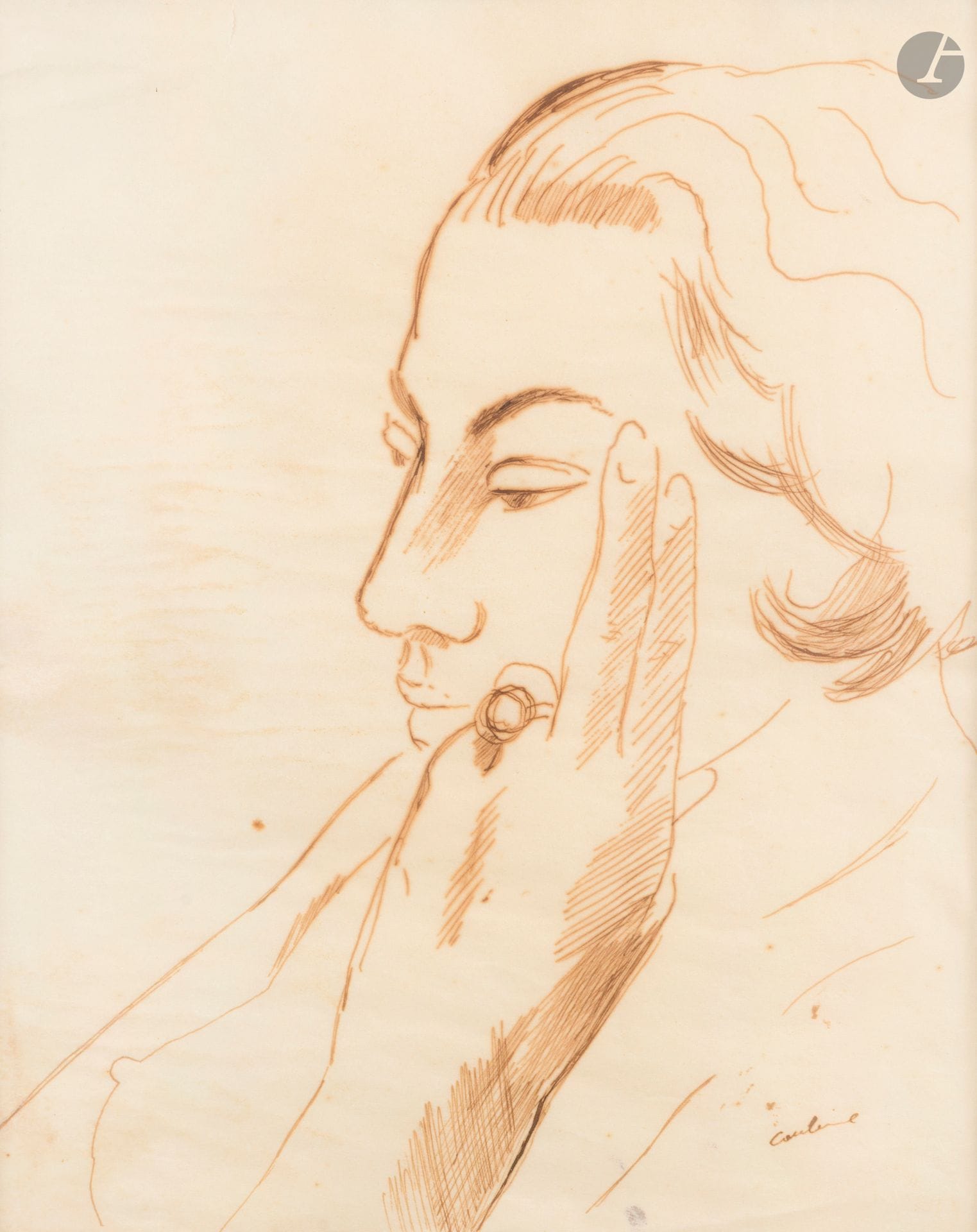 Othon COUBINE (1883-1969)
Portrait de femme de profil
Encre brune sur papier calque.
Signée en bas à droite. 
(Plis et petites déchirures).
25,5 x 21 cm