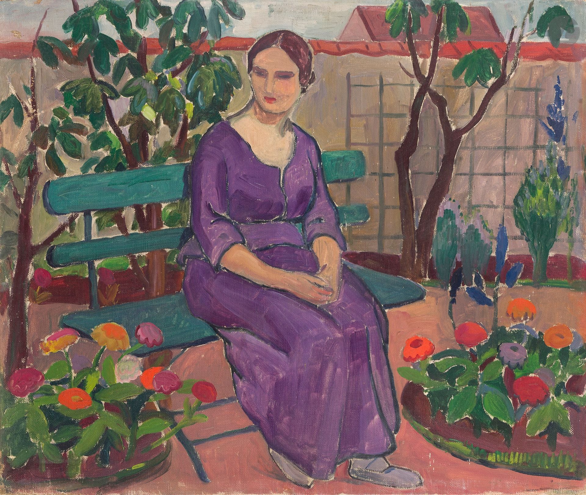 Ethel MARS (1876-1959)
Au Jardin, portrait de l'artiste Maud Hunt Squire
Huile sur toile.
Non signée.
Titrée et numérotée " 3 " sur le châssis (étiquette d'exposition).
(Griffure).
60 x 73 cm

Provenance : 
Collection de l'artiste Ethel Mars, Saint-Paul-de-Vence.