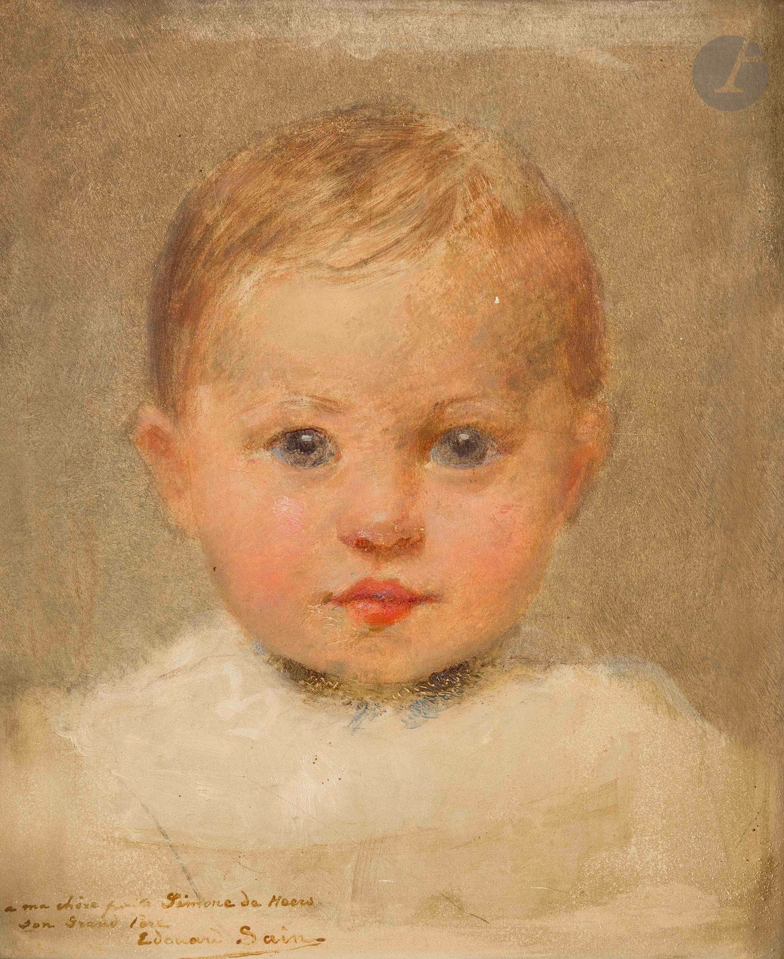 Édouard SAIN (1830-1910)
Petite-fille de l'artiste
Huile sur panneau.
Signée et dédicacée " À ma chère petite Simone de Heers, son grand-père " en bas à gauche.
28 x 22 cm

Provenance : 
Famille de l'artiste.
