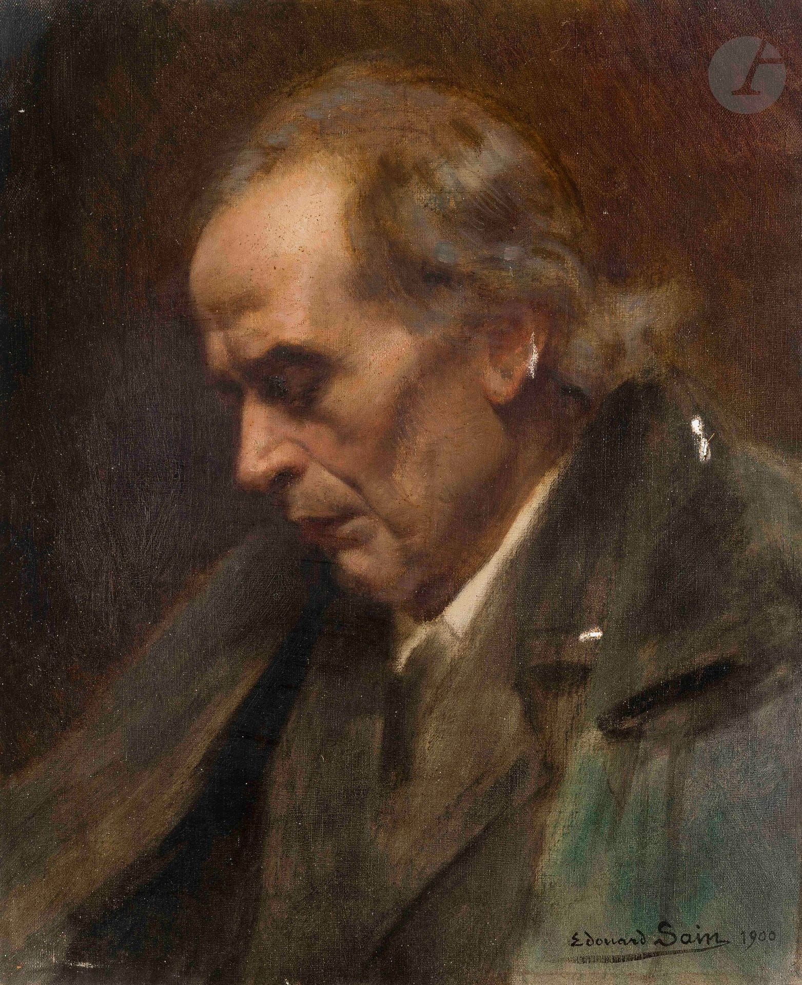 Édouard SAIN (1830-1910)
Portrait d'homme, 1900
Huile sur toile.
Signée et datée en bas à droite.
Signée et numérotée " 84 " au dos.
(Accidents).
38 x 46 cm

Provenance : 
Famille de l'artiste.