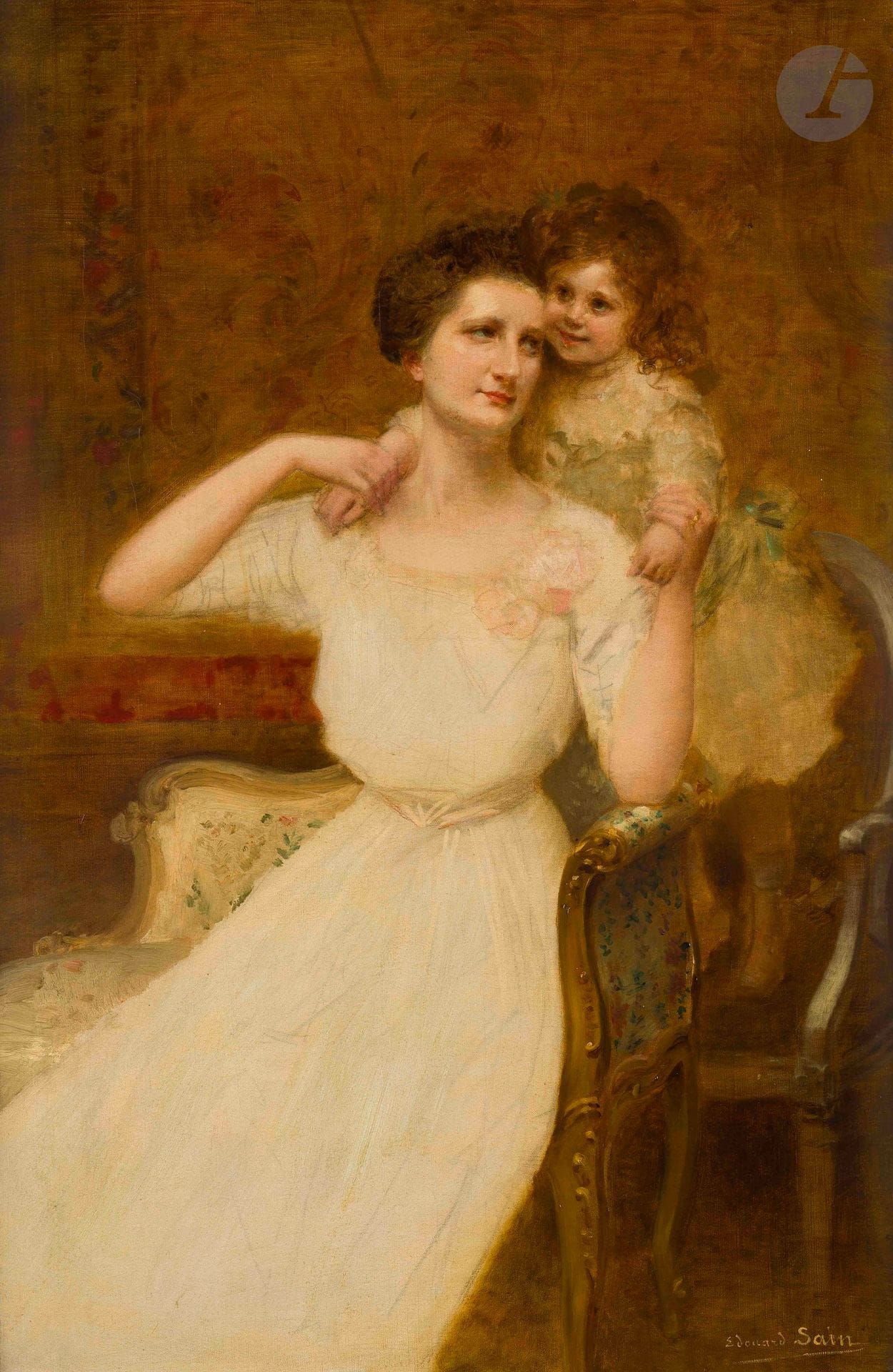 Édouard SAIN (1830-1910)
Portrait de Mme M... et de sa fille
Huile sur toile.
Signée en bas à droite.
80 x 54 cm

Provenance : 
Famille de l'artiste.

Exposition : 
Salon de la Société nationale des Beaux-Arts, Champs-de-Mars, Palais des Beaux-Arts, Paris, 1898, n° 1086 ou 1090 (étiquette au dos).