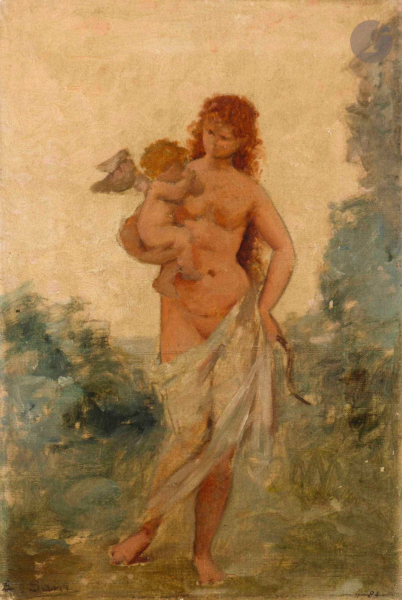 Édouard SAIN (1830-1910)
Vénus et l'Amour
Huile sur toile.
Signée en bas à gauche et numérotée " 84 " en bas à droite.
Signée et numérotée " 84 " au dos.
(Petits manques).
34 x 23 cm

Provenance : 
Famille de l'artiste.