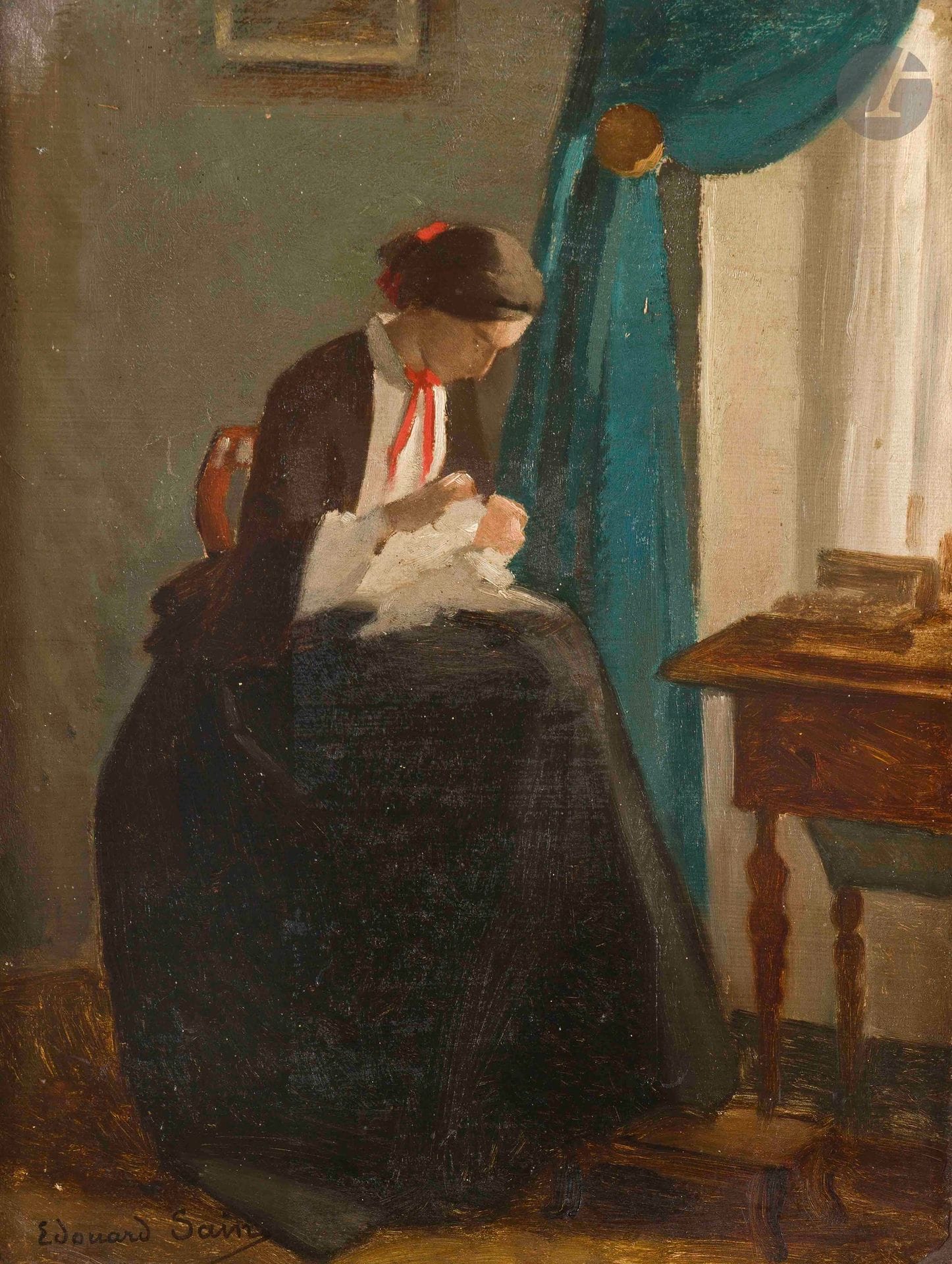 Édouard SAIN (1830-1910)
Young woman sewing
Oil on canvas pasted on panel.
Signed lower left.
(Varnish damage).
35.5 x 27.5 cm

Provenance : 
Artist's family.
