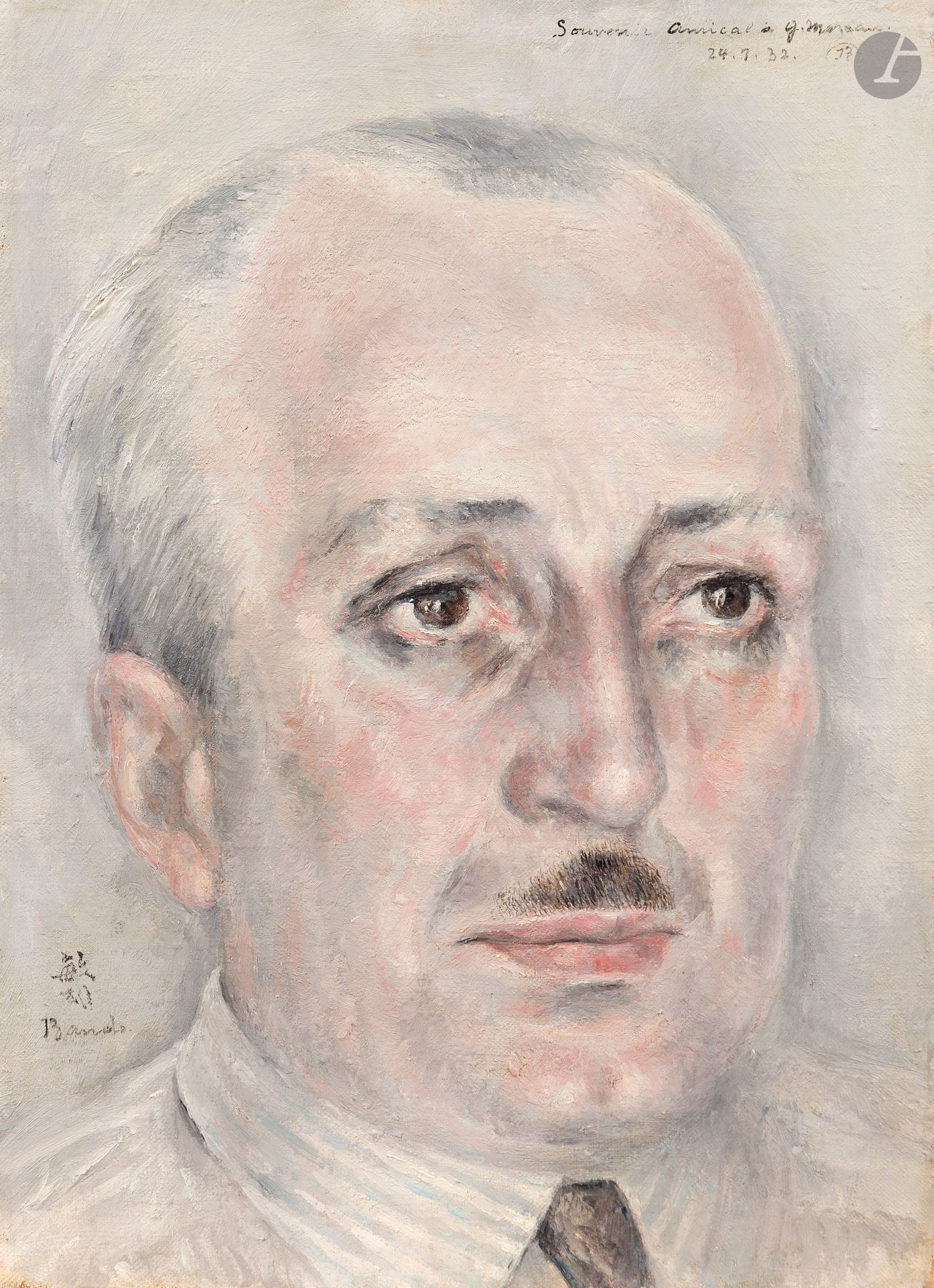 Toshio BANDO (1895-1973)
Portrait d'homme, 1932
Huile sur toile.
Signée en bas à gauche.
Signée, datée et dédicacée "Souvenir amical à G. Moreau" en haut à droite.
33 x 24 cm

Provenance :
Collection Monsieur X., Japon.