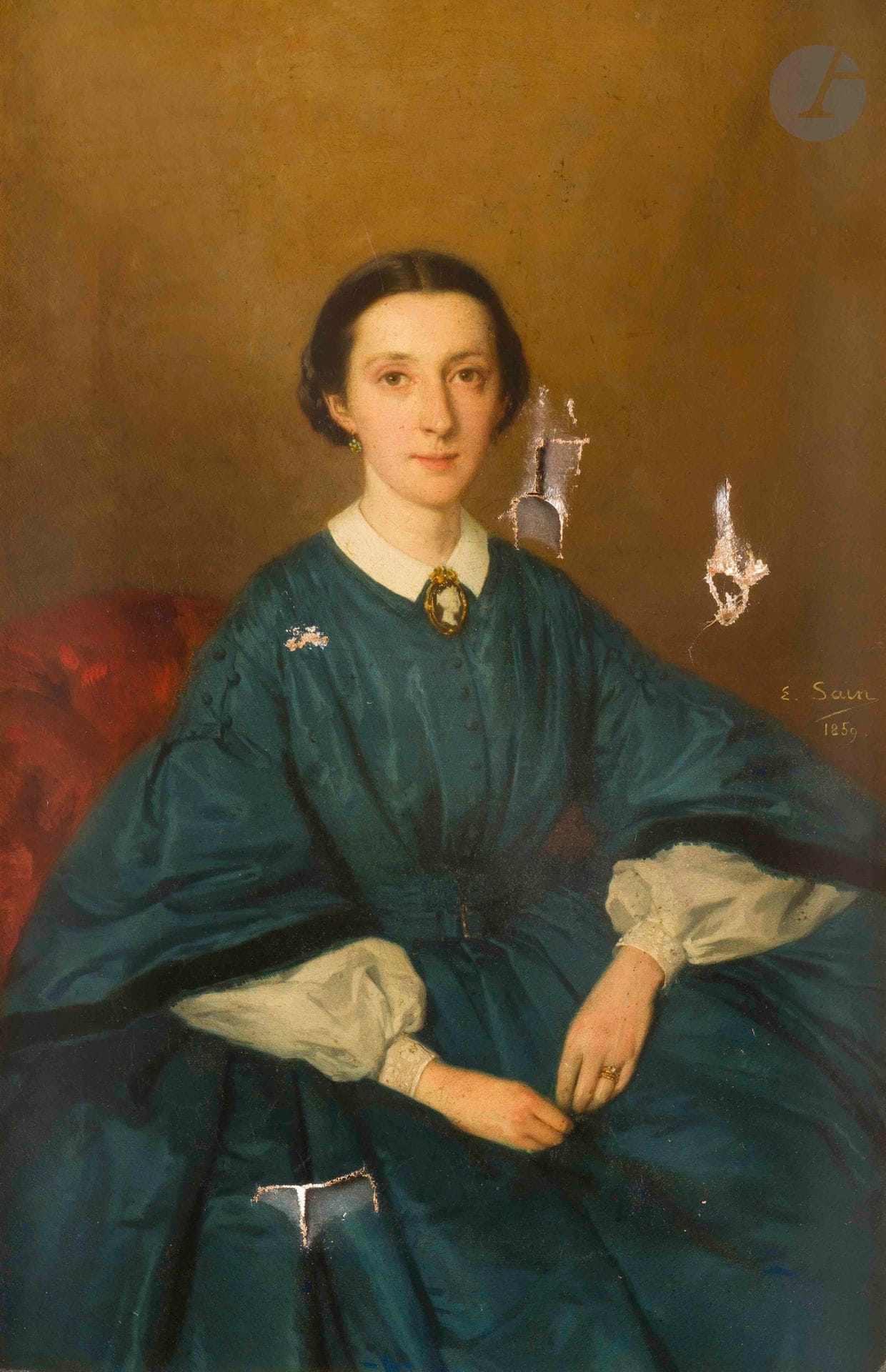 Édouard SAIN (1830-1910)
Portrait de jeune femme au camée, 1859
Huile sur toile.
Signée et datée au centre à droite.
Inscription au dos sur le châssis.
(Nombreux accidents).
46 x 33 cm

Provenance : 
Famille de l'artiste.