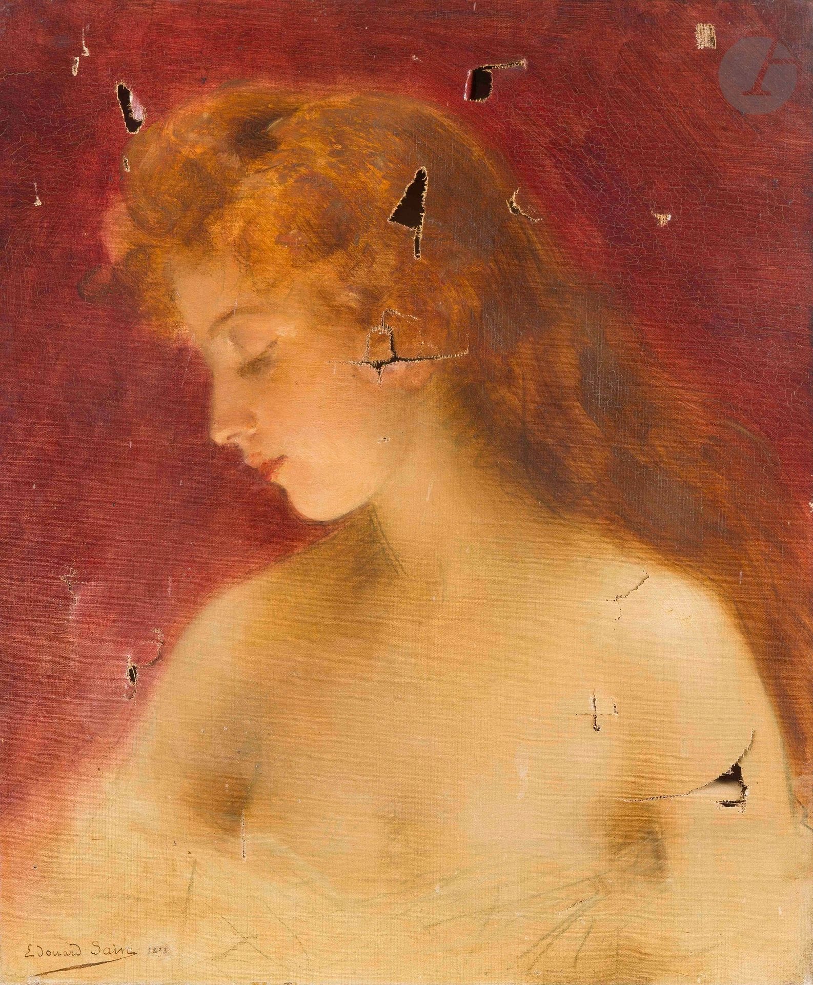 Édouard SAIN (1830-1910)
Profil de femme rousse, 1893
Huile sur toile.
Signée et datée en bas à gauche.
Signée et numérotée " 32 " au dos.
(Nombreux accidents).
55 x 46 cm

Provenance : 
Famille de l'artiste.