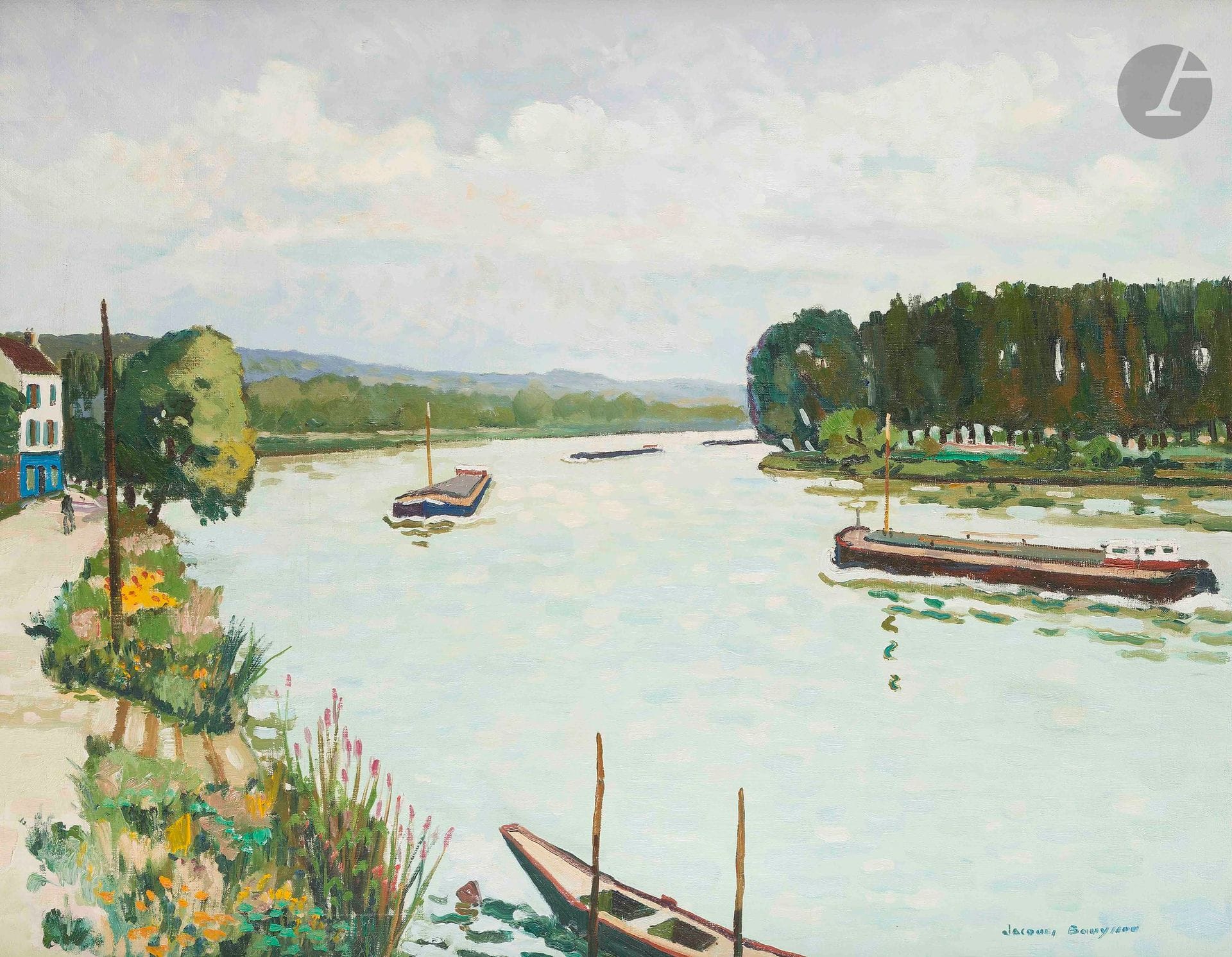 Jacques BOUYSSOU (1926-1997)
La Frette, 1967
Huile sur toile.
Signée en bas à droite.
Titrée et datée au dos.
72 x 91 cm

Provenance : 
Galerie Félix Vercel, New York-Paris (tampons au dos).