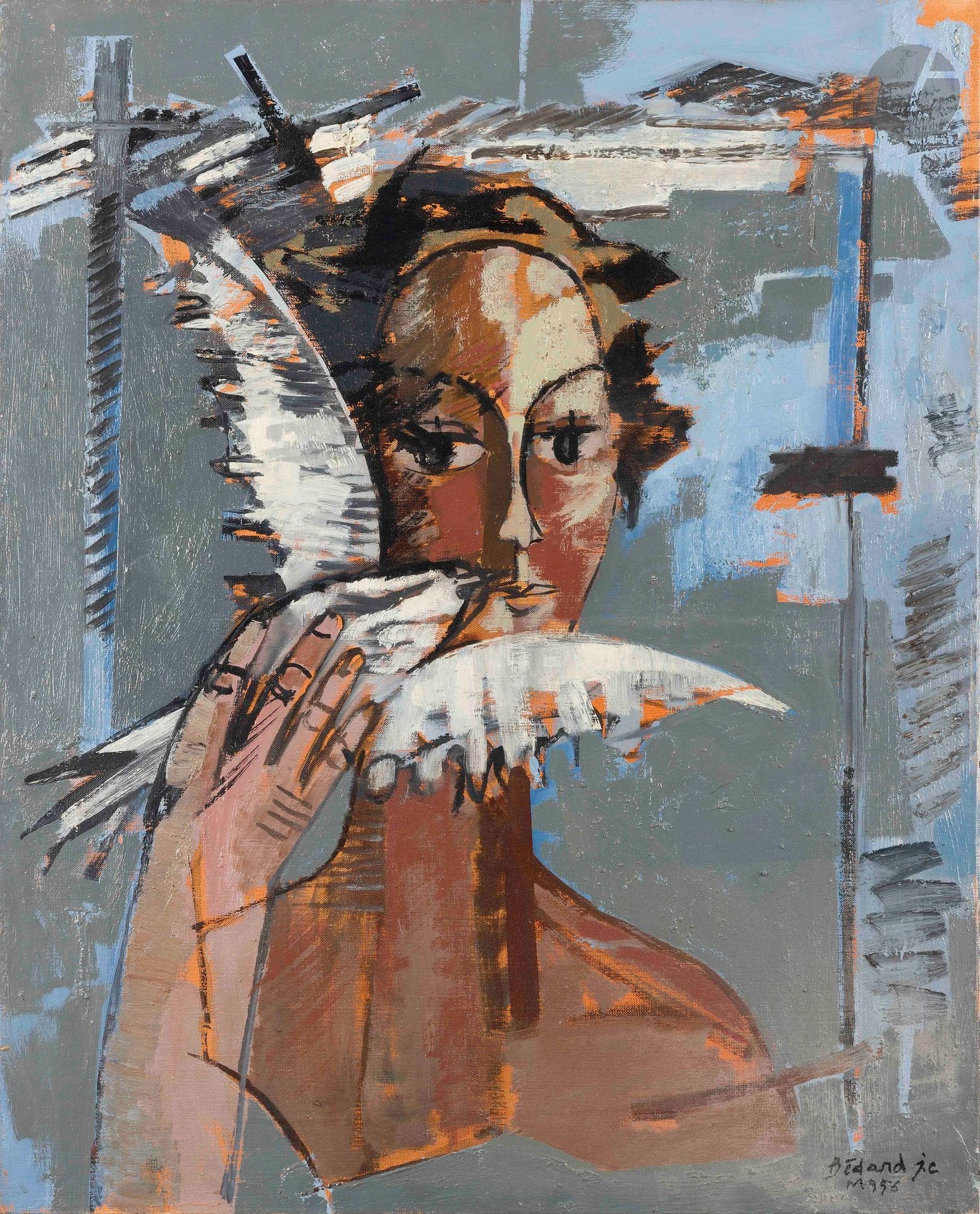 Jean-Claude BÉDARD (1928-1987)
Buste de femme et oiseau, 1956
Huile sur toile.
Signée et datée en bas à droite.
Signée au dos.
81 x 65 cm

Provenance : 
Vente Thion Enchères, Évreux, 18 mars 2001, catalogue, n° 40, reproduit.

Bibliographie : 
Éric Mercier, Années 50, La Jeune peinture, Panorama de la Jeune peinture, Tome II, Zurich, Artacatos, 2010, reproduit p.46.