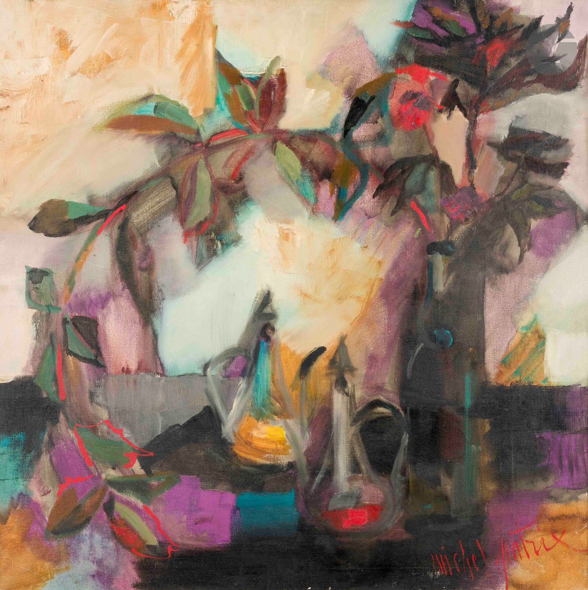 Michel PATRIX (1917-1973)
Oil and Vinegar
Oil on canvas.
Signed lower right.
Signed and titled on the back.
(Slightly missing).
75 x 75 cm