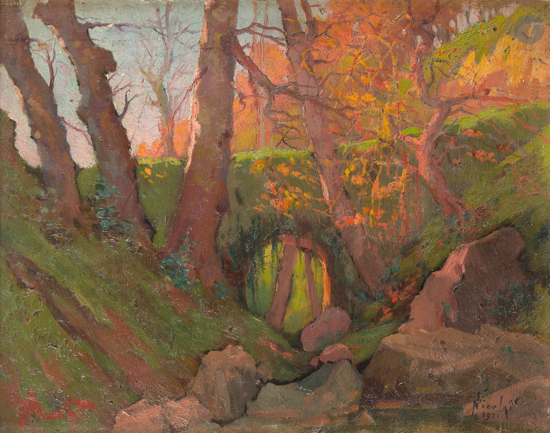 Paul NICOLAÏ (1876-1952)
Paysage au pont, 1921
Huile sur panneau.
Signée et datée en bas à droite.
33 x 41 cm