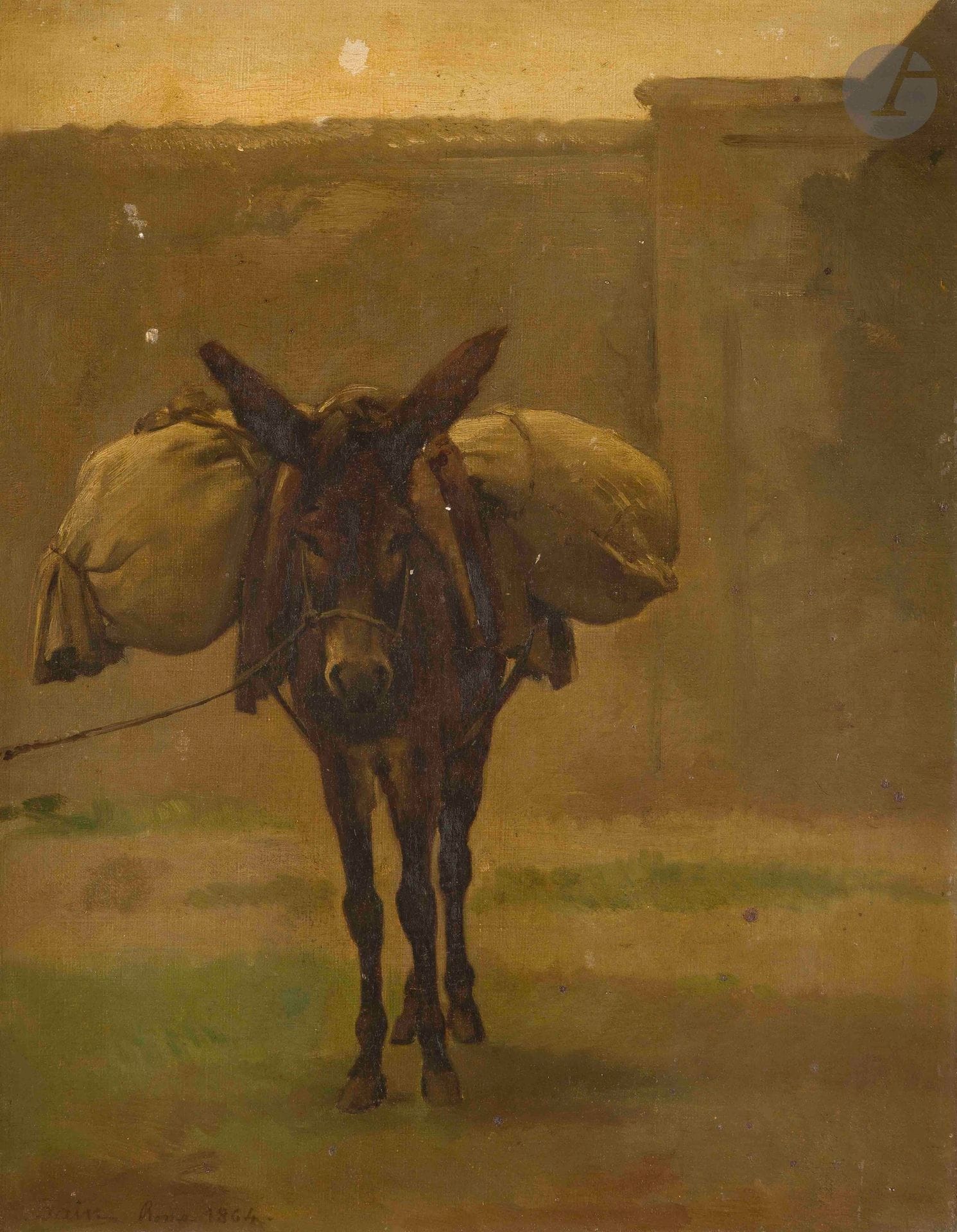 Édouard SAIN (1830-1910)
Rome, the donkey, 1864
Oil on canvas board.
Signed, dated and located lower left.
32.5 x 25.5 cm

Provenance : 
Artist's family.