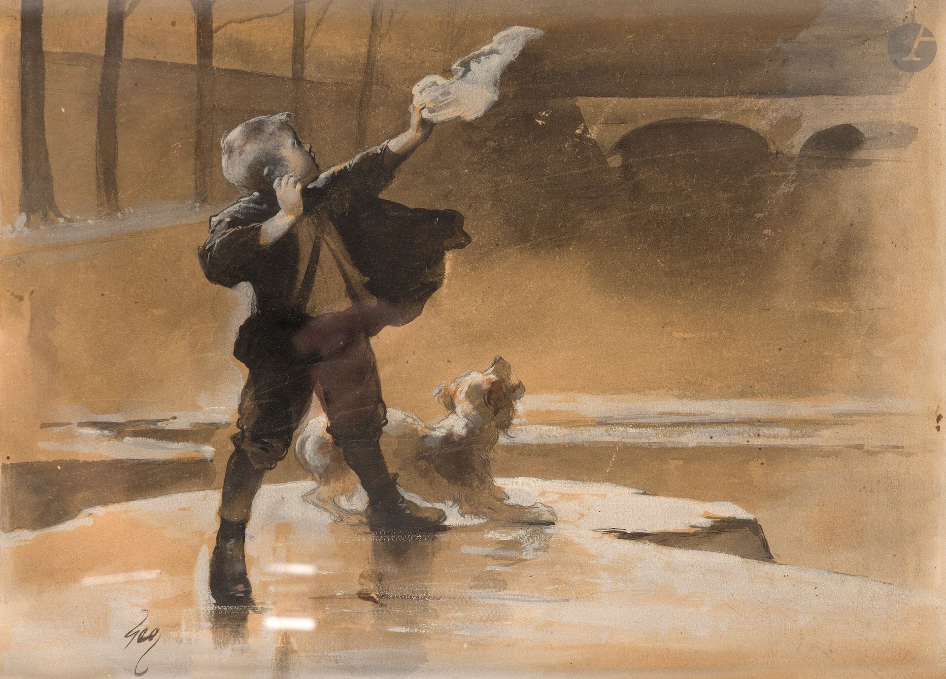 Henri-Jules-Jean Geoffroy dit GEO  (1853-1924)
Jeune garçon au chien
Encre, lavis d'encre et rehauts de gouache blanche.
Signée en bas à gauche.
(Usures).
22 x 30 cm