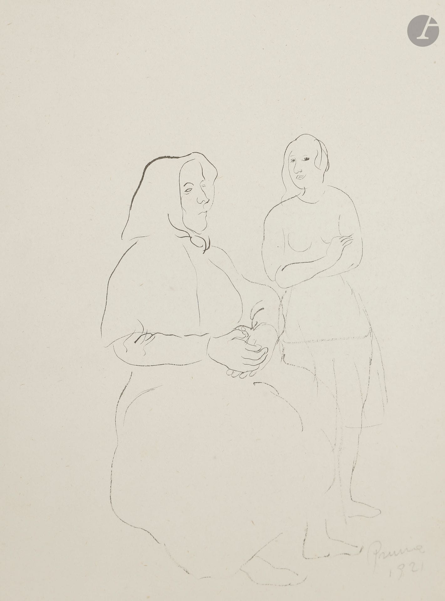 Pedro PRUNA (1904-1977)
Vieille femme et fillette, 1921
Encre.
Signée et datée à la mine de plomb en bas à droite.
26 x 19,5 cm

Provenance : 
Ancienne collection André Level. Par descendance.