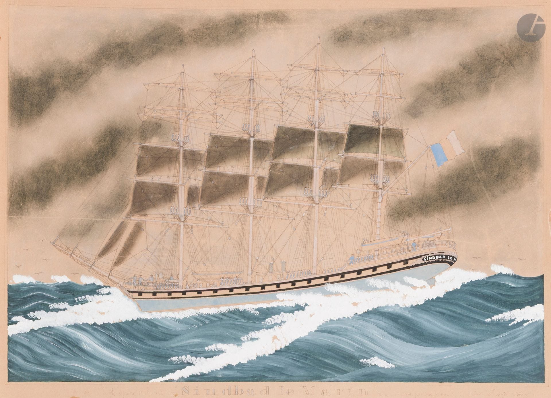 Paul-Émile PAJOT (1870-1930)
Sindbad the sailor - The four-masted sailing ship in heavy weather
Watercolor and gouache on cardboard.
Signed lower right. 
Signed lower right.
(Heavy insolation).
42 x 60 cm