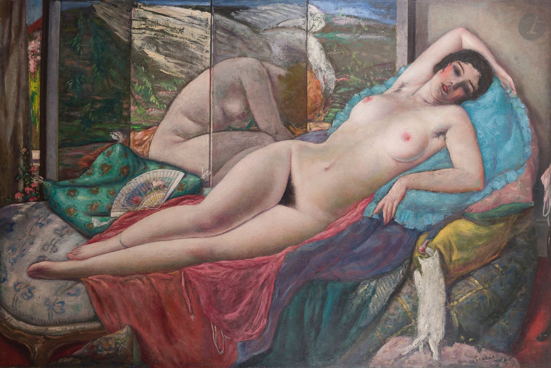Yasushi TANAKA (1886-1941)
Nu au paravent, vers 1921-24
Huile sur toile.
Signée en bas à droite.
(Rentoilée).
122 x 181,5 cm

Provenance : 
- Vente Me Rogeon, Hôtel Drouot, Paris, 5 mars 1970, catalogue, n° 91, non reproduit.
- Collection George Whyte, Londres. Par descendance.
- Vente Une Autre Modernité - Les Arts figuratifs 1900-1950, Sotheby's, Paris, 22 mars 2023, n° 29.
- Collection particulière, Paris. Acquis lors de la précédente.

Exposition : 
Yasushi Tanaka, Galerie de Marsan, Paris, 26 janvier-8 février 1924, catalogue, n° 46, non reproduit.