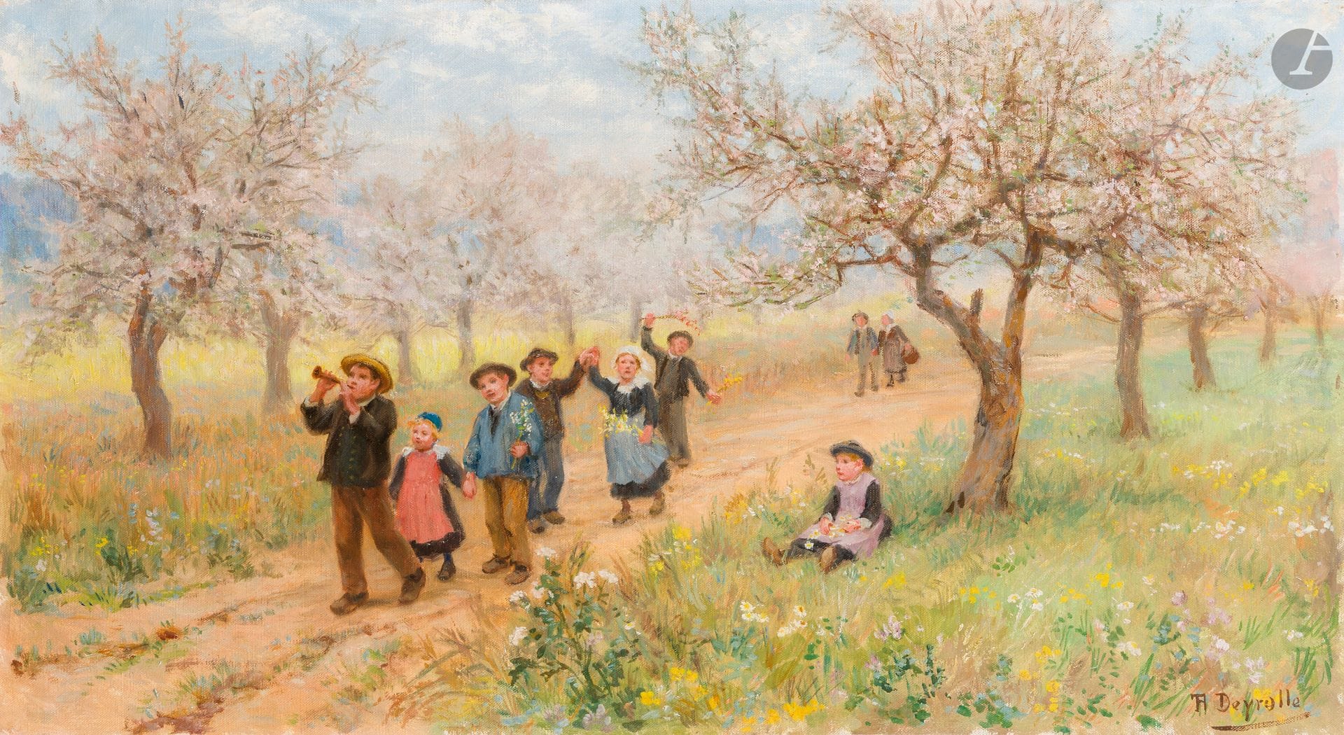 Théophile-Louis DEYROLLE (1844-1923)
Enfants en promenade
Huile sur toile.
Signée en bas à droite.
44,5 x 80 cm
