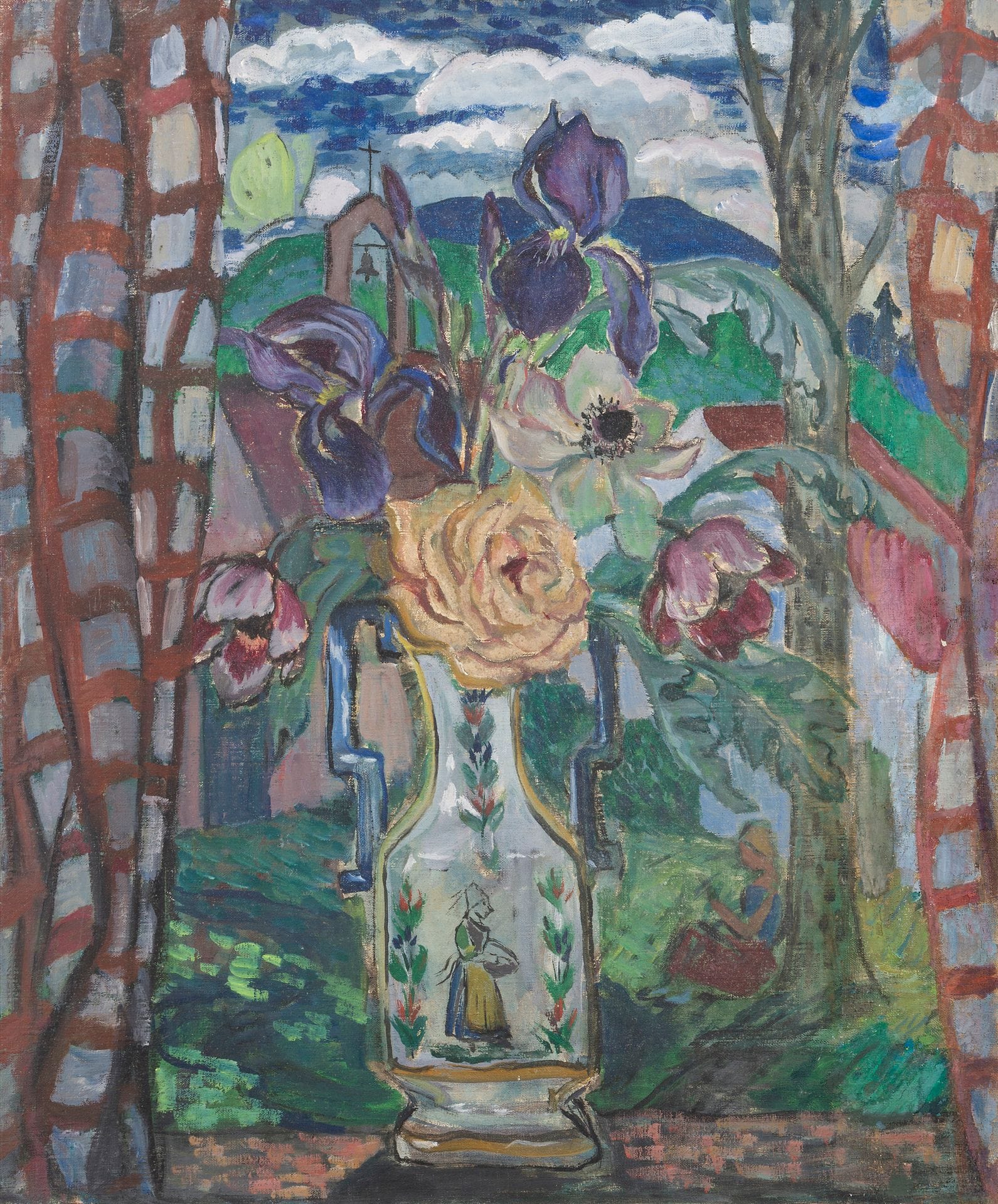 Ethel MARS (1876-1959)
Bouquet de fleurs à la fenêtre
Huile sur toile.
Non signée.
(Usures).
73 x 60 cm

Provenance : 
Collection de l'artiste Ethel Mars, Saint-Paul-de-Vence.
