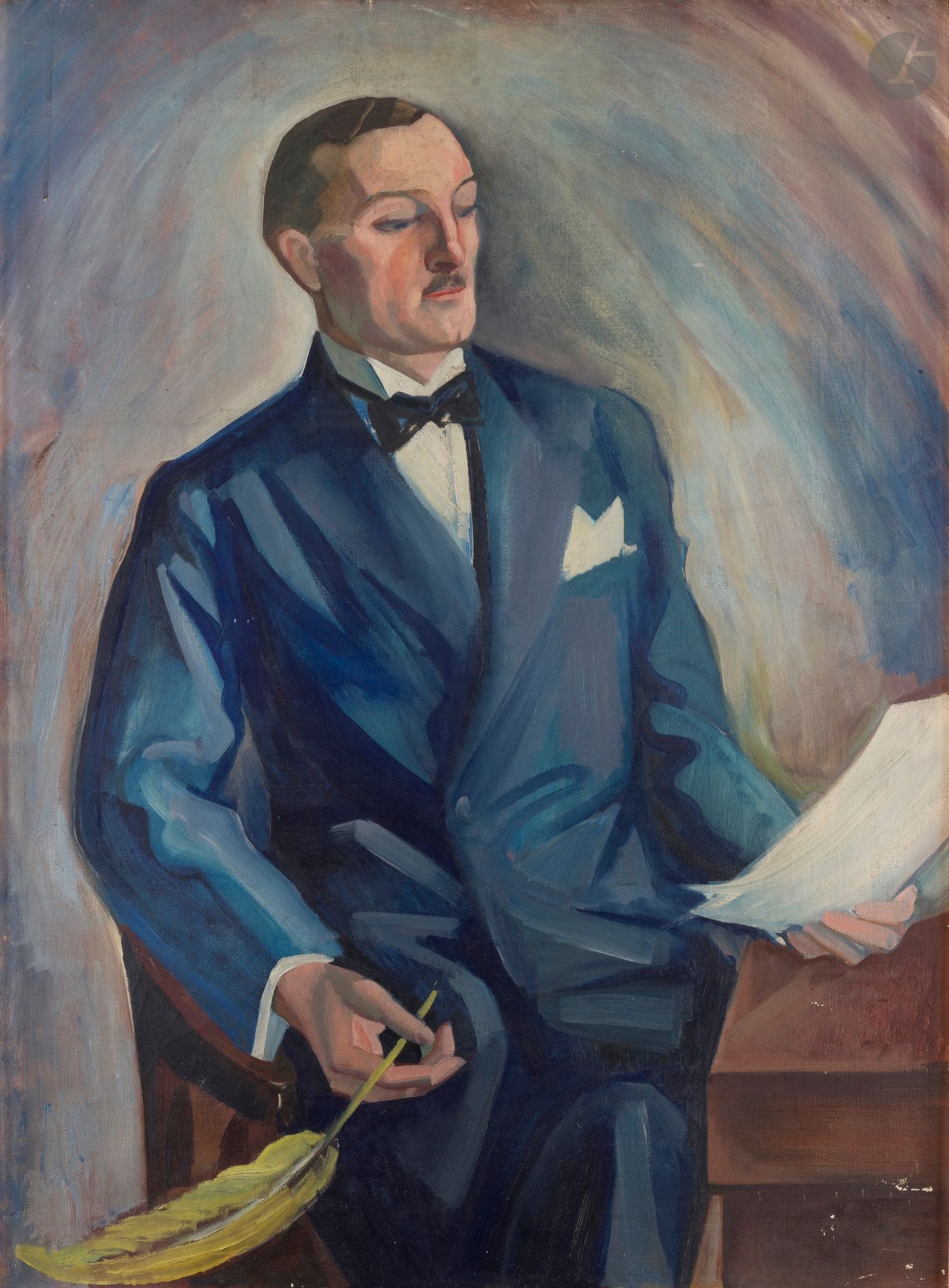 ÉCOLE MODERNE
Portrait d'homme à la plume, vers 1930
Huile sur toile.
Non signée.
112 x 82 cm