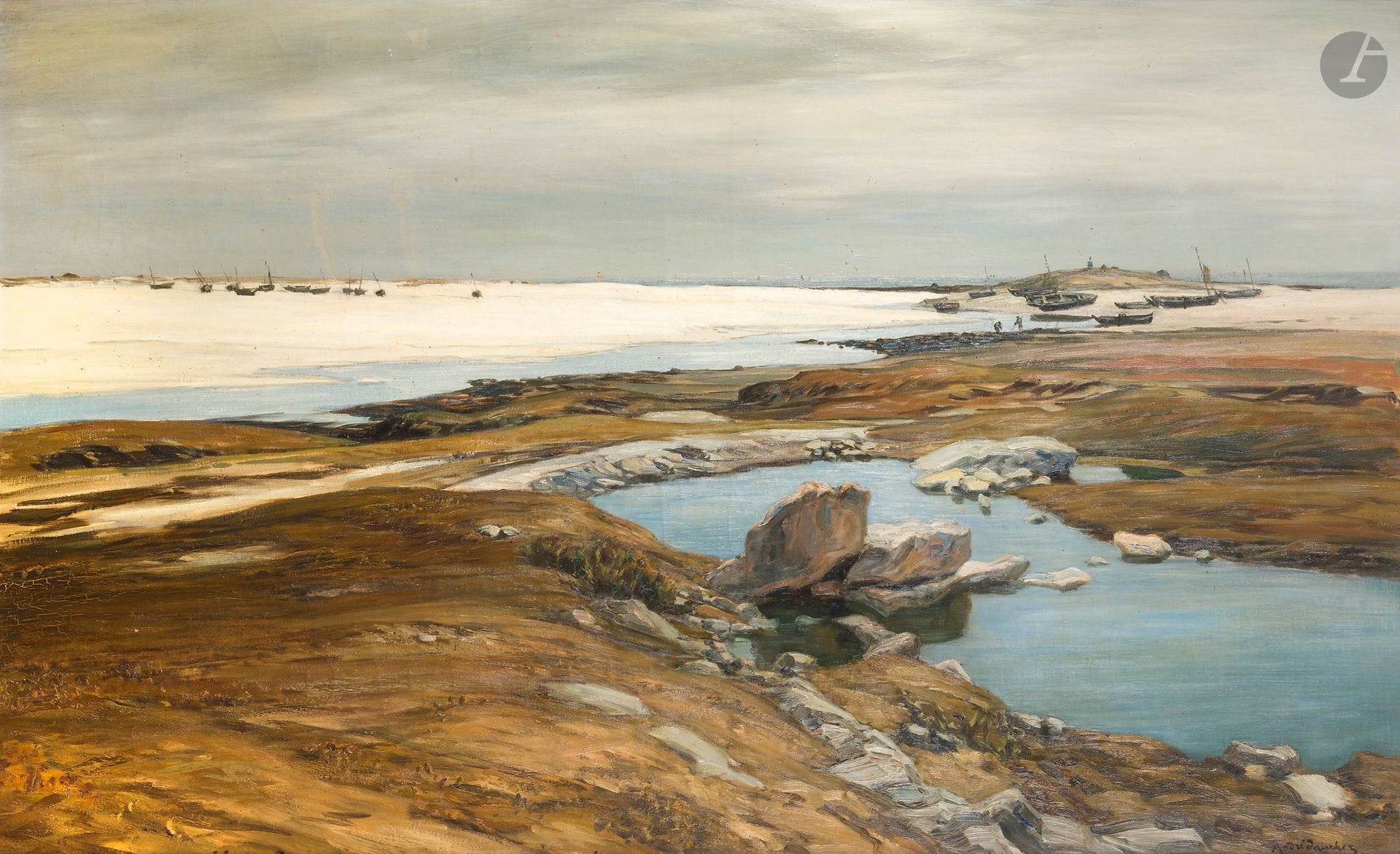 André DAUCHEZ (1870-1948)
Estuary, 1913
Oil on canvas.
Signed lower right.
(Minor damage).
74 x 116 cm

Exhibitions :
- Salon de la Société Nationale des Beaux-Arts, Champs-de-Mars, Palais des Beaux-Arts, Paris, 1913, no. 323 (fragment of label on stretcher).
- Exposition d'Art français, Palais des Beaux-Arts, Barcelona, April 23-July 1, 1917, probably no. 20.295 (label on stretcher).

Bibliography:
André Dauchez, Liber Veritatis, Catalogue of paintings, Musée départemental breton, Quimper, no. 298, reproduced.

We would like to thank Mr. Jacques Guépin, the artist's great-grandson, for kindly confirming the authenticity of this work and for the information he provided.