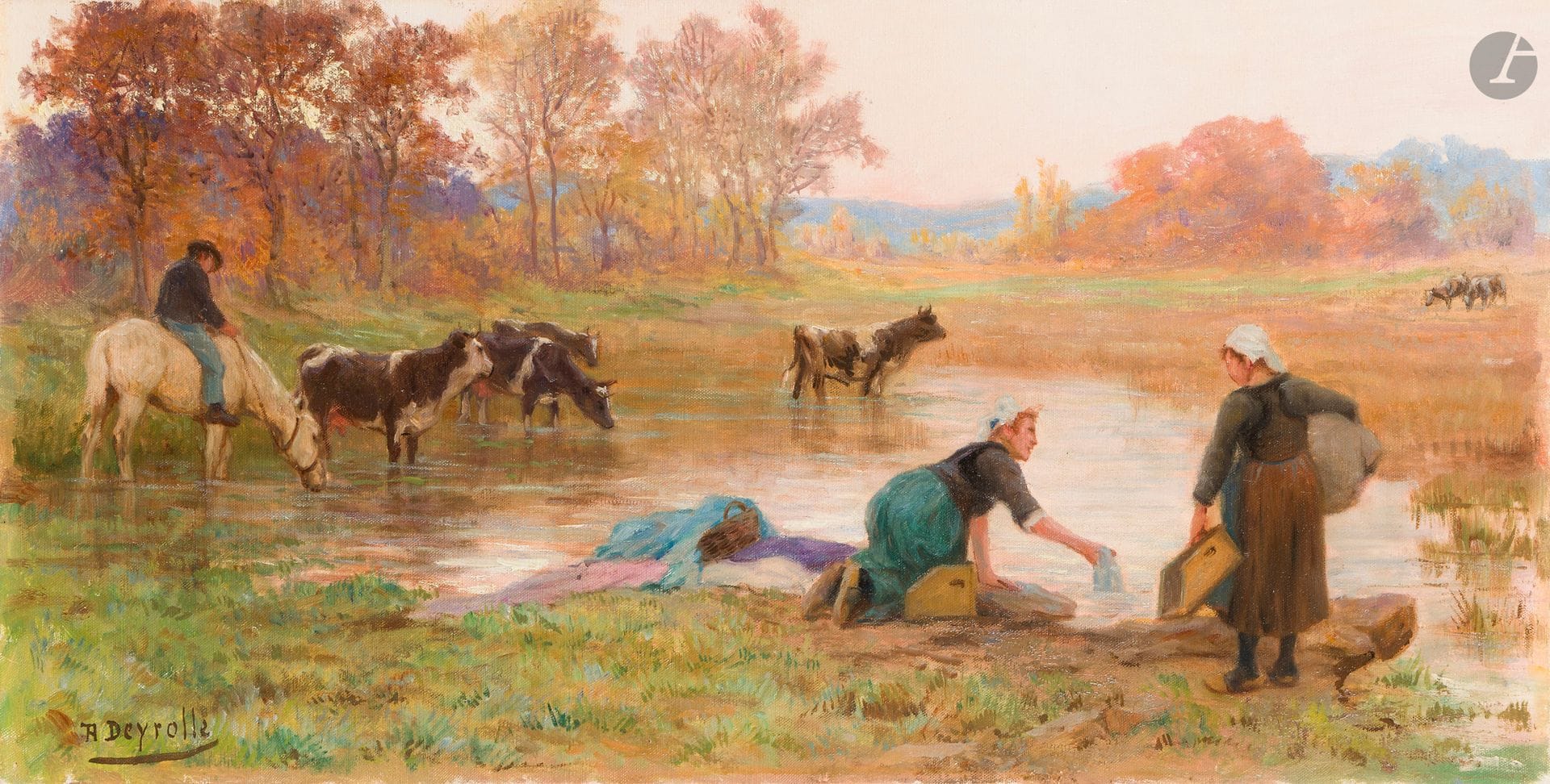 Théophile-Louis DEYROLLE (1844-1923)
Lavandières, berger et troupeau
Huile sur toile.
Signée en bas à gauche.
40 x 78 cm