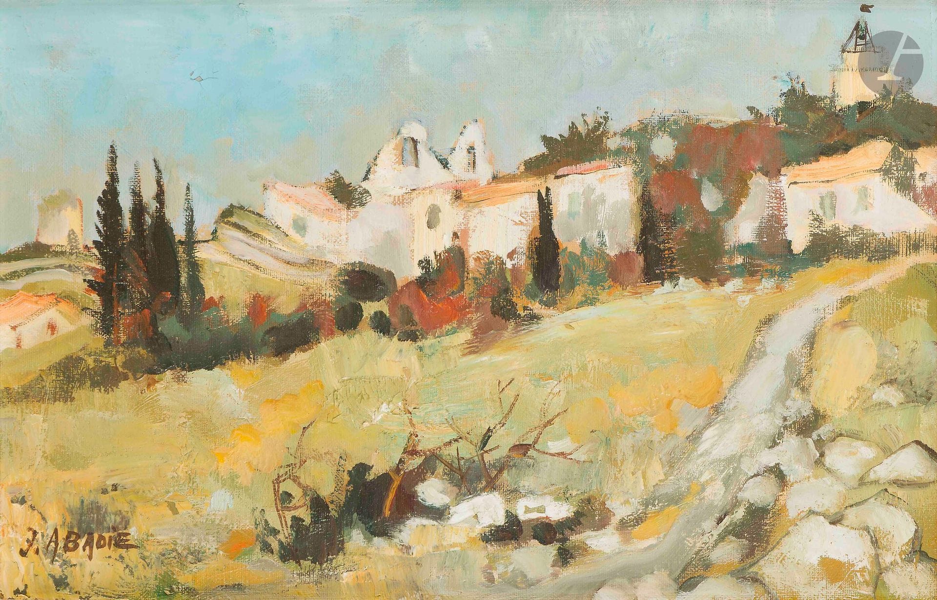 Jean ABADIE (1921-2010)
Vue d'Eygalières
Huile sur toile.
Signée en bas à gauche.
(Petits manques).
27 x 41 cm