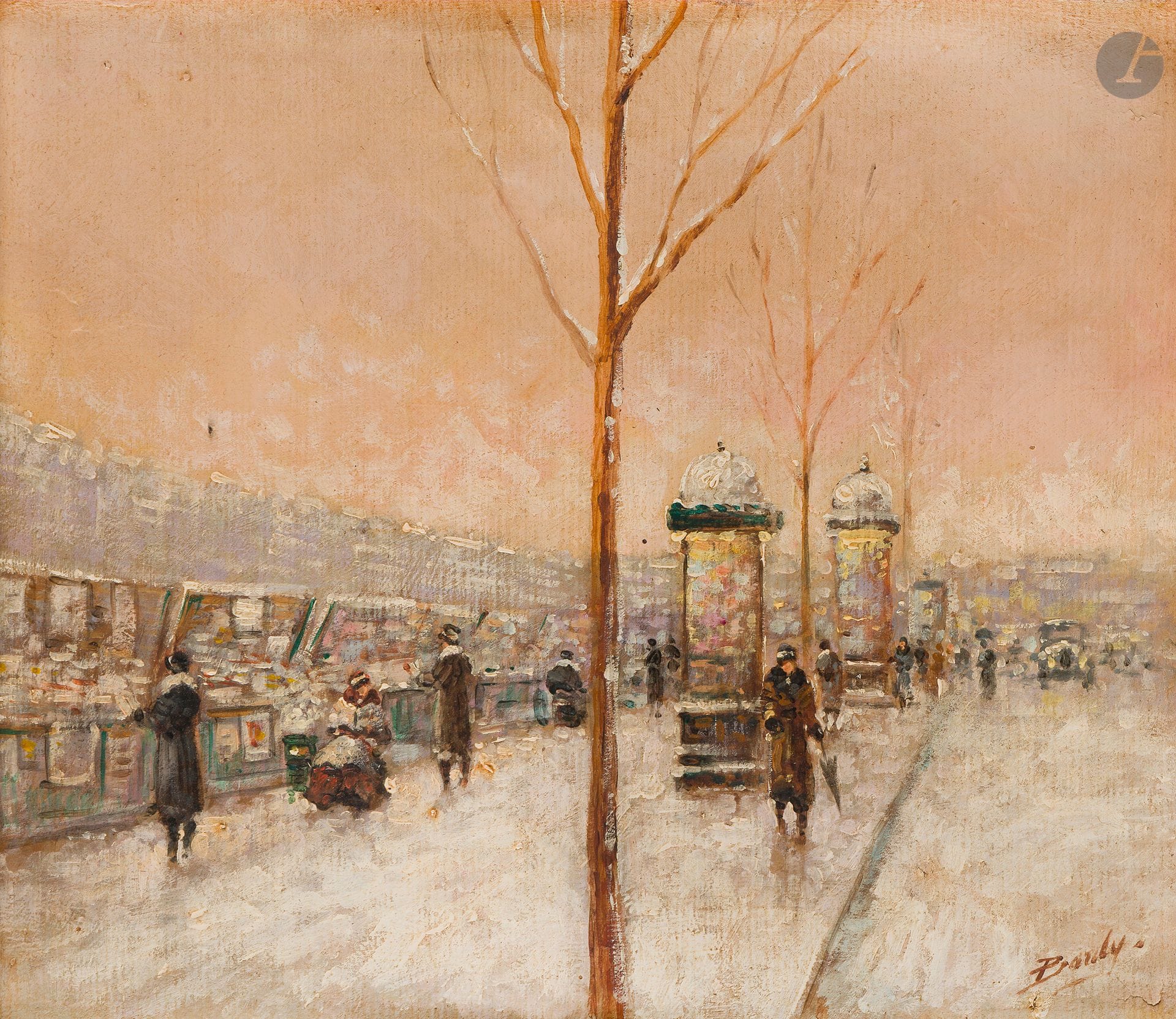 Paulette BARDY (1914-1966)
Les Bouquinistes
Huile sur carton.
Signée en bas à droite.
(Carton voilé).
30 x 35 cm