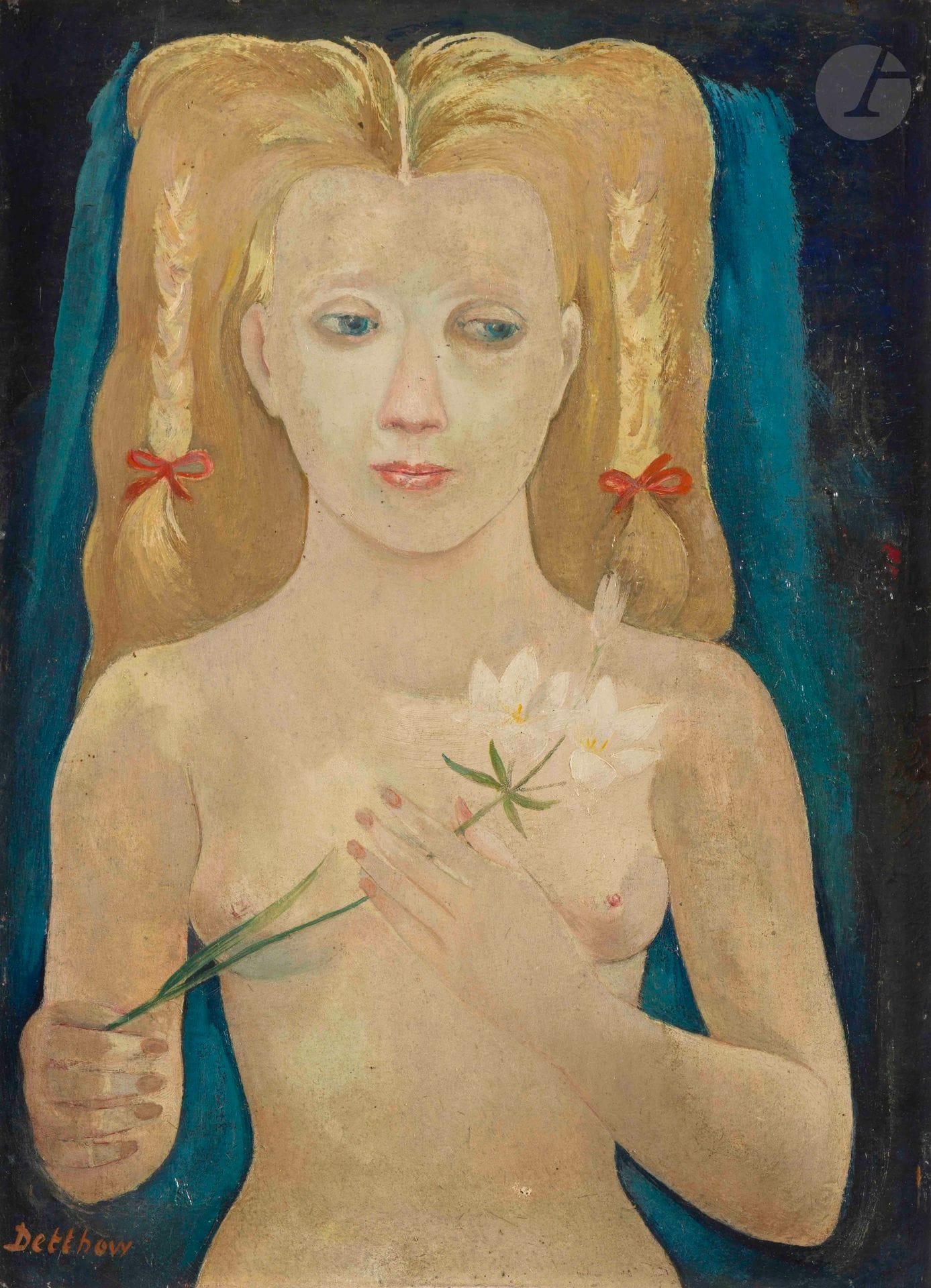 Erik DETTHOW (1888-1952)
Jeune fille à la fleur
Huile sur carton.
Signée en bas à gauche.
48 x 36 cm

Provenance : 
Galerie Parvillée, Paris (étiquette au dos).