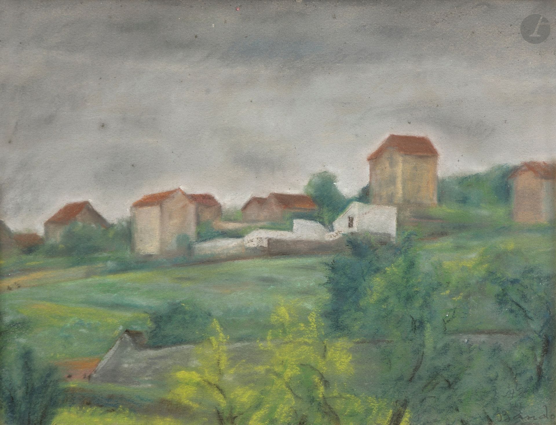 Toshio BANDO (1895-1973)
Landscape with houses
Pastel.
Signed lower right.
(Some spotting).
23.5 x 30.5 cm

Provenance :
Monsieur X. Collection, Japan.
