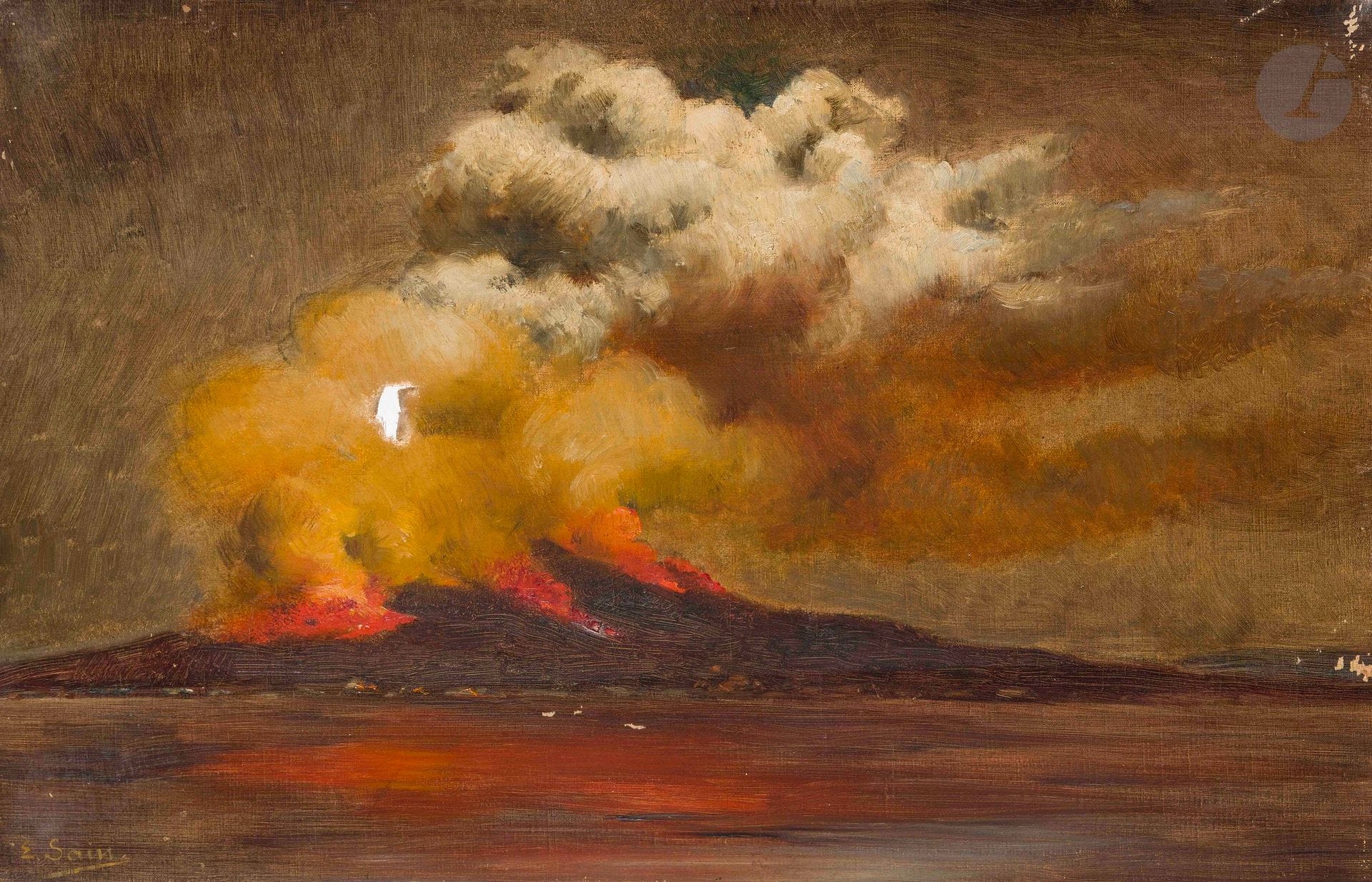 Édouard SAIN (1830-1910)
Vesuvius in eruption
Oil on canvas.
Signed lower left.
Signed and numbered "246" on the back.
(Accident and missing parts).
35 x 54 cm

Provenance : 
Artist's family.