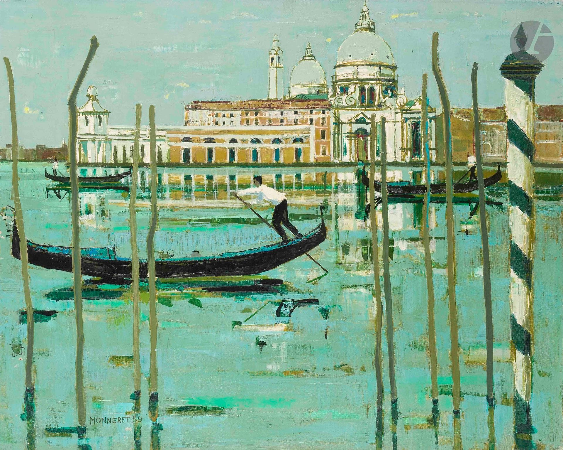 Jean MONNERET (1922-2025)
Venise, gondole sur le Grand Canal, 1959
Huile sur toile.
Signée et datée en bas à gauche.
(Manques).
60 x 73 cm