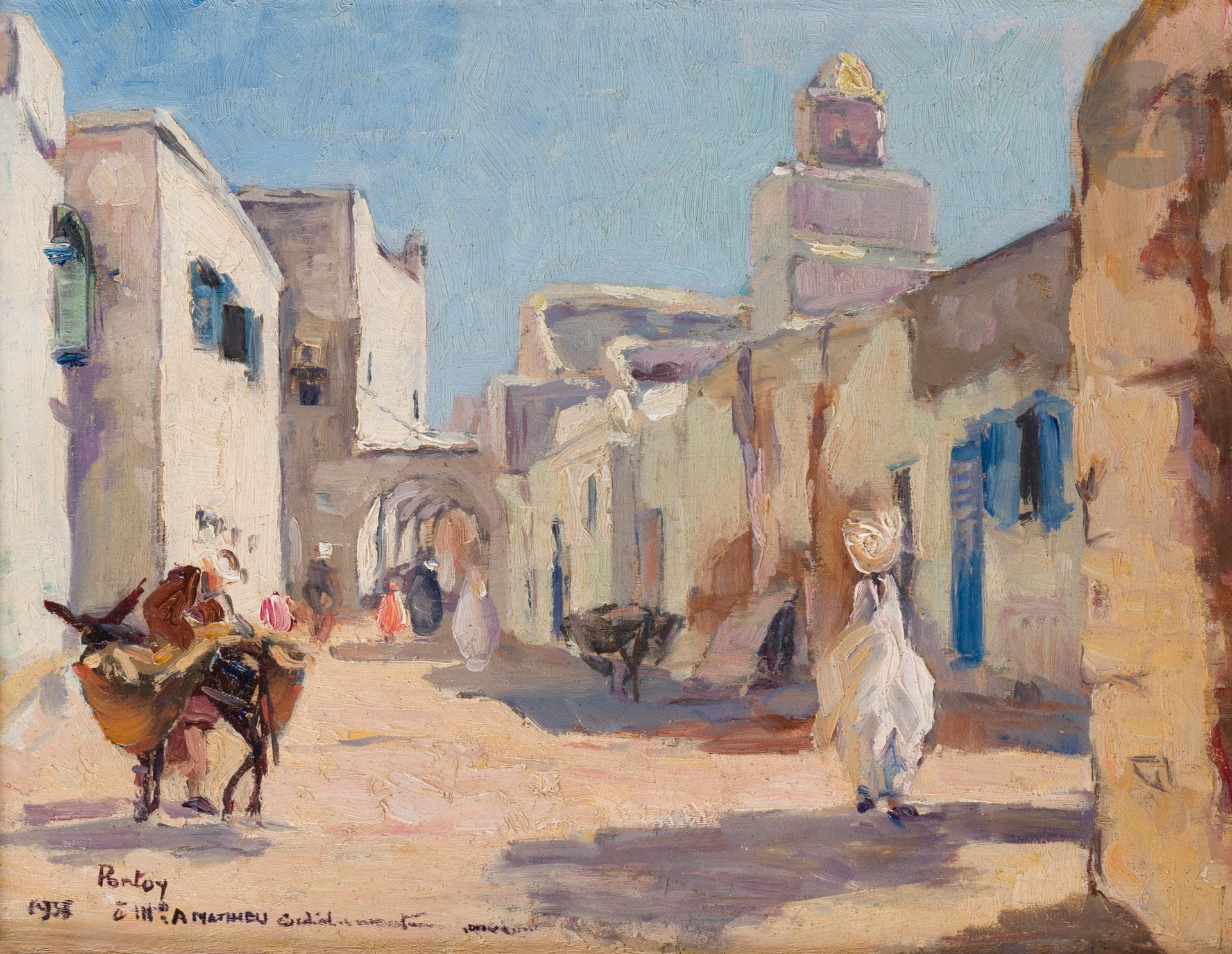 Henri-Jean PONTOY (1888-1968)
Scène de rue orientale, 1935
Huile sur panneau.
Signée, datée et dédicacée « A M. A Mathieu, cordialement » en bas à gauche.
27 x 35 cm