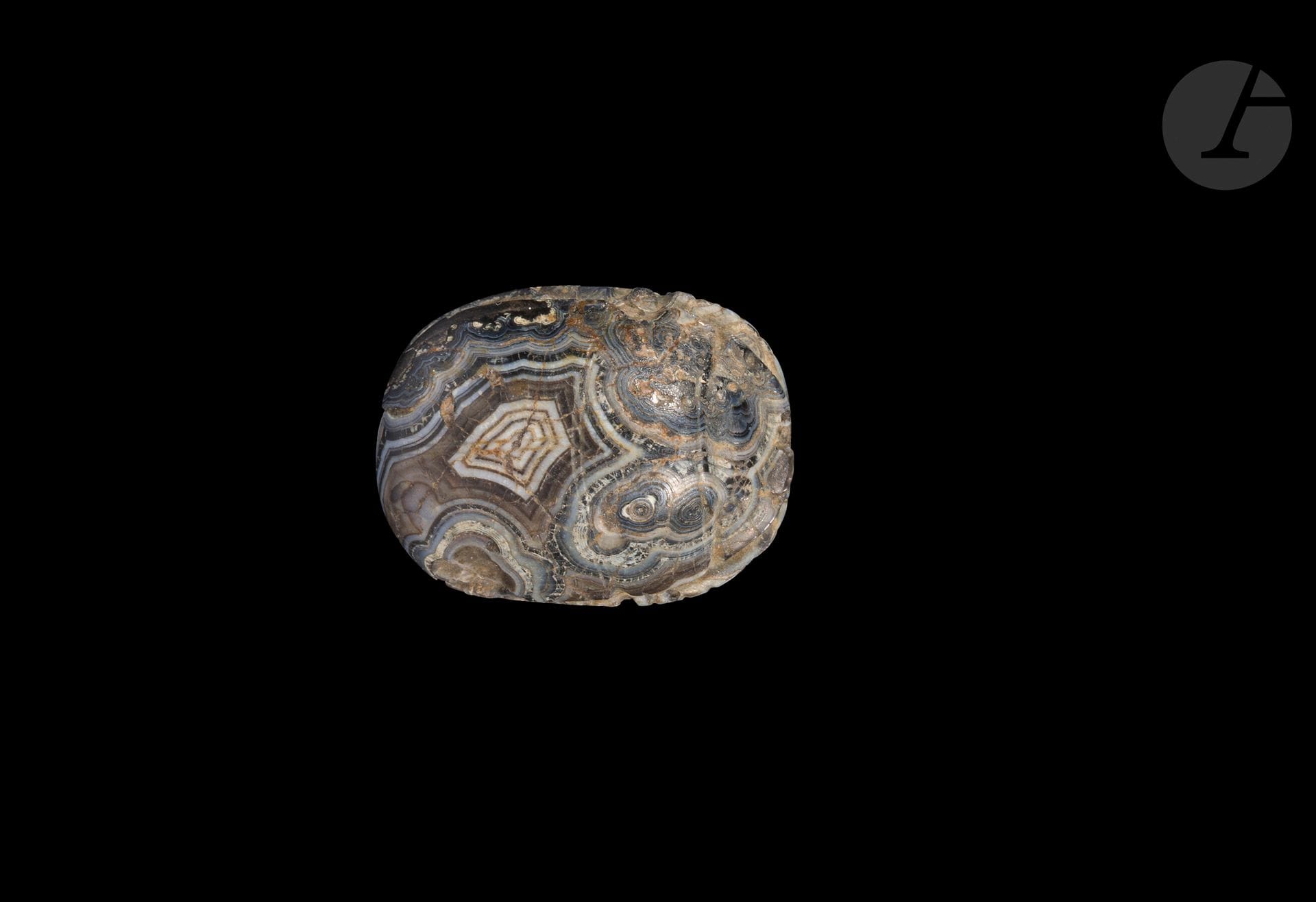 Scarabée inscrit sur le plat d’une scène sur trois registres
Dans le registre supérieur : un taureau, puis deux créatures ailées de part et d’autre d’un papyrus, et enfin un scarabée ailé. 
Agate bandée.
Levant, Ier millénaire avant J.-C. 
Longueur : 1,7 cm 

Provenance : 
Ancienne collection de M. Gaston Forgues (le grand-père des propriétaires). Acquisitions en salle de ventes et chez Vinchon entre 1960 et 1980. Par succession.