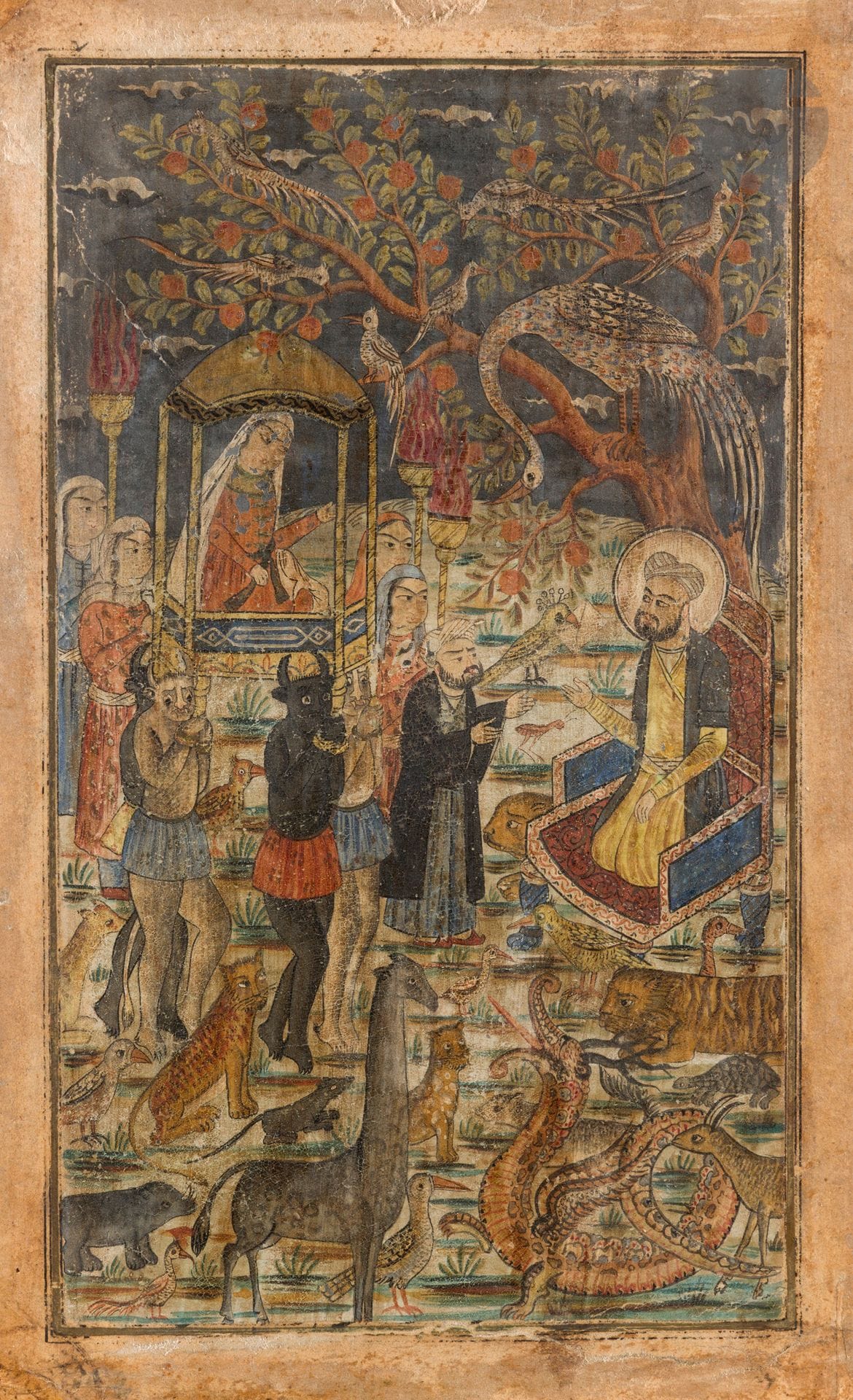 Visite de la reine de Saba au roi Salomon entouré d’animaux, probablement Iran ou Asie centrale, XIXe siècle 
Gouache et encre sur papier représentant la Reine de Saba assise dans un palanquin porté par des Divs et entourée de dames de compagnie, se dirigeant vers le roi Salomon au visage nimbé, à genoux sur un trône au pied d’un arbre peuplé d’oiseaux. Au premier plan, nombreux animaux de différentes espèces : lions, girafe, oiseau, rhinocéros, tortue, rat, dragon. Montée en page d’album sur papier cartonné avec une bordure noire. Trace de cachet (de douane ?) en bas à gauche. Au dos, ancienne étiquette de collection labellée « 428 GJO ».
Dim. peinture : 24 x 14,5 cm ; dim. page : 30,7 x 20 cm
Accidents et réparations, quelques sauts de polychromie.