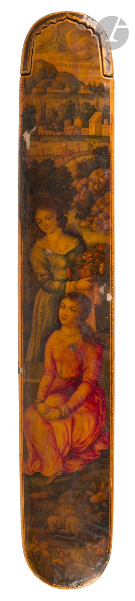 Qalamdan pencil box decorated with women in a landscape, Iran zand, signed Muhammad Sadiq and dated 1759
Oblong plumier in painted, gilded and lacquered papier-mâché of two European-style women, one seated, the other standing, a basket of flowers in her arms, in a wooded, architectural landscape with figures in the background. In the sky, an inscription quoting the artist in a religious formula: "Sadiq az lutf-i 'Ali ashraf shud" / "Sadiq became nobler by the grace of 'Ali" and the date 1173 H / 1759. On the sides and under the base, gol-o-bolbol floral decoration with birds and butterflies.
Length: 22.5 cm
Reglazed, cracked and slightly missing.

The signature on this pen box is an unusual formulation adopted by Muhammad Sadiq. The mention of 'Ali gives it a religious aspect, but the name Ashraf following him in this formula may also be a nod to his master 'Ali Ashraf. This type of signature is found on other known objects in public collections, such as a pen box in the Metropolitan Museum, New York (2014.257a, b) and a second in the Khalili Collection (LAQ 215).