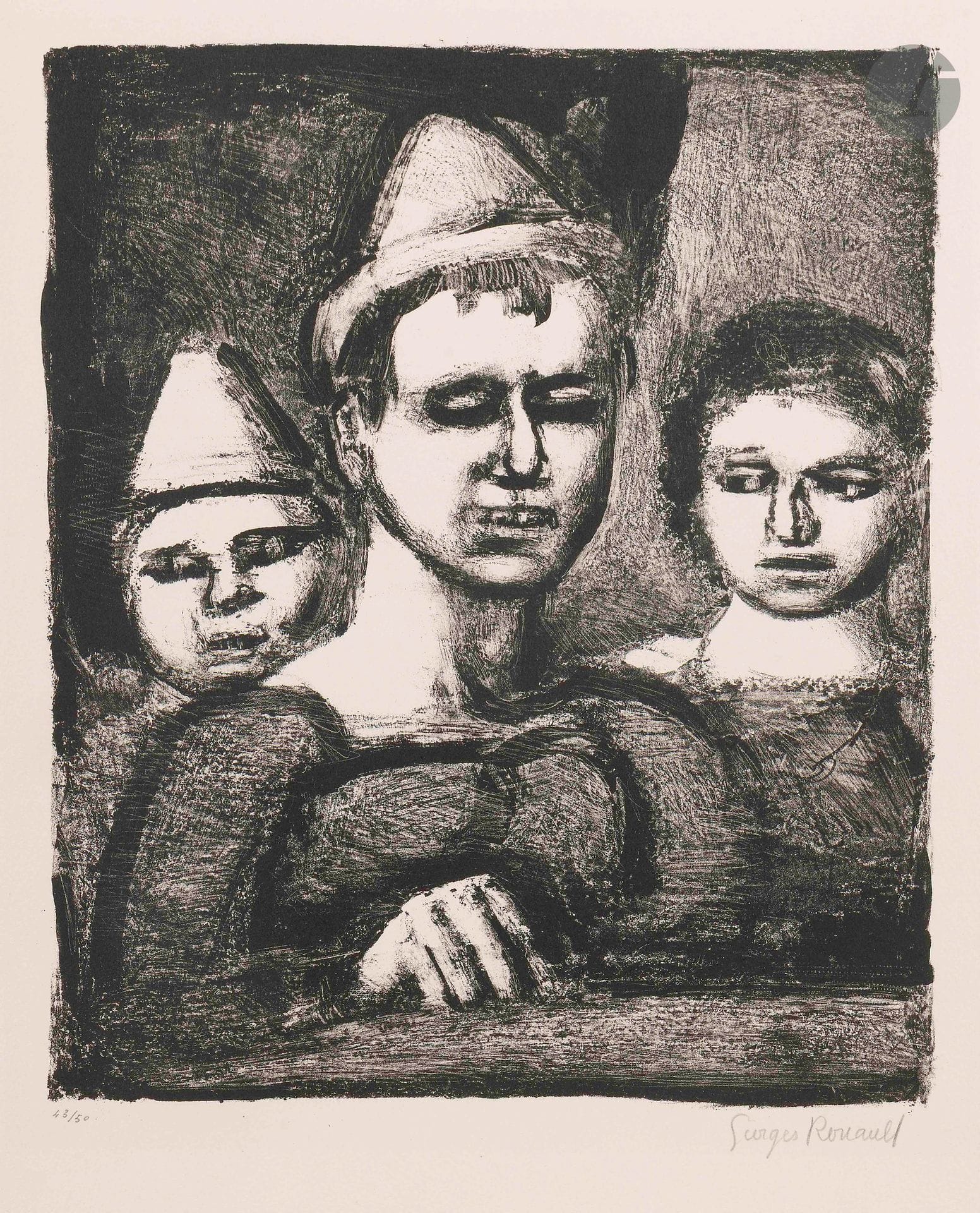 Georges Rouault (1871-1958)
Trio. 1926. Lithographie. 265x365mm. Chapon et Rouault 321. Très belle épreuve sur vélin blanc fort, numérotée et signée au crayon. Une petite rousseur claire en marge inférieure gauche. Toutes marges. Tirage à 50 épreuves. Timbre de l’éditeur E. Frapier (Lugt 2921b). Timbre sec:Galerie des Peintres-Graveurs Paris (Lugt 1057b).