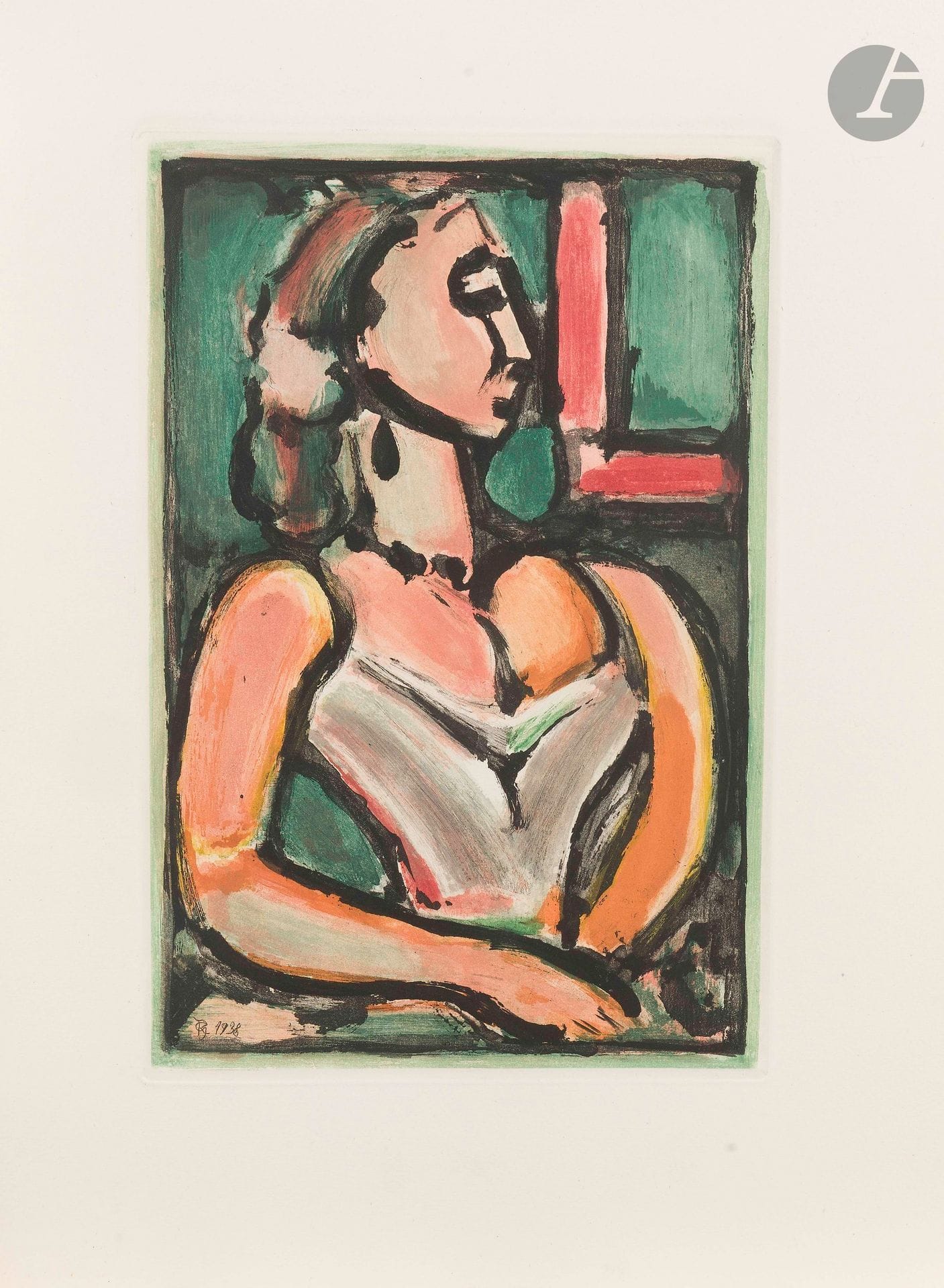 Georges Rouault (1871-1958)
Proud woman. (Pl. for Les Fleurs du mal). 1938. Aquatint. 208x310mm. Chapon et Rouault 275, printed in color. Perfect proof on Montval strong white vellum. Full margins. Edition of 250 proofs.