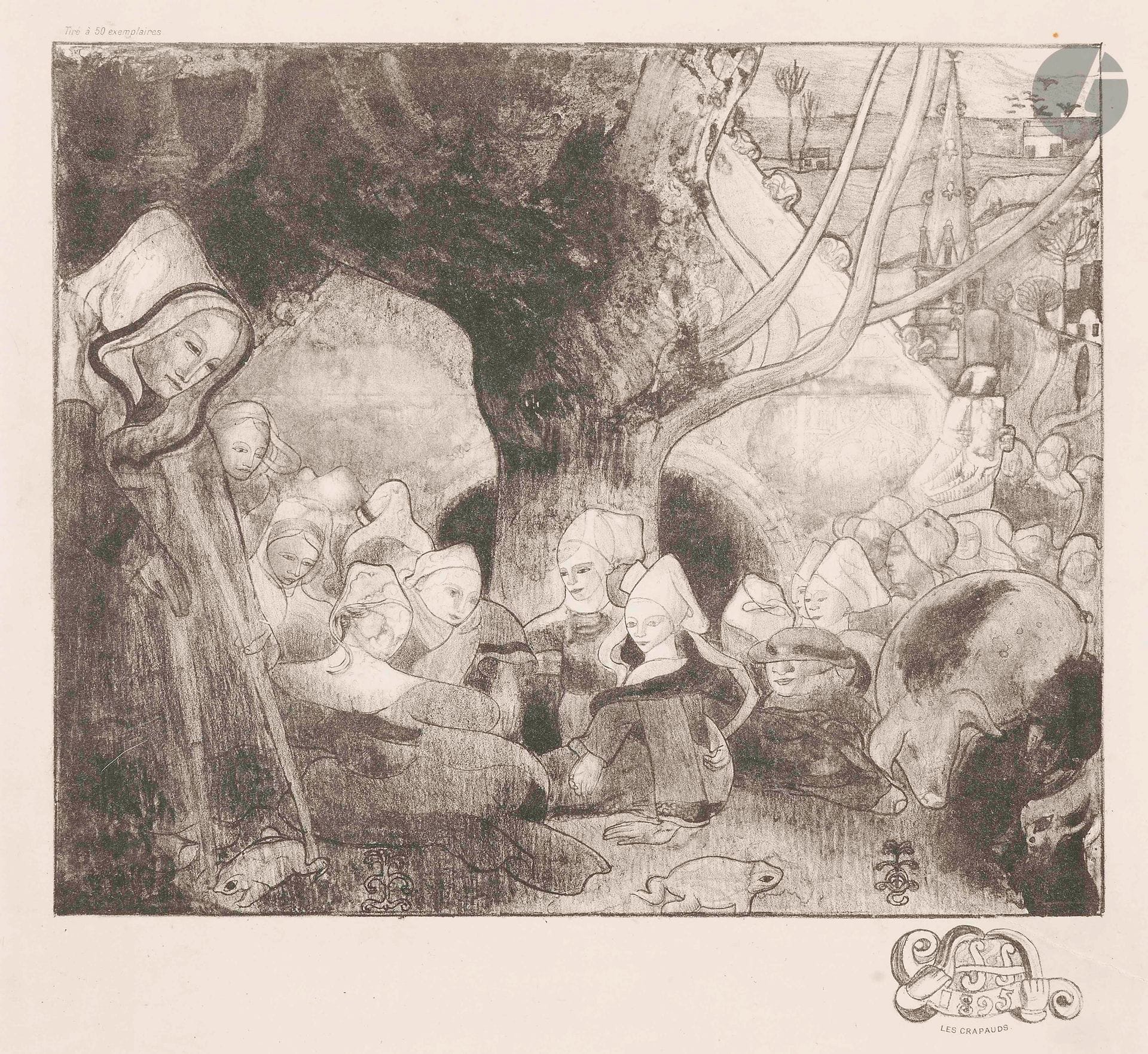 Armand Seguin (1869-1903)
Les Crapauds. 1895. Zincographie. [420x515mm]. Field, Strauss et Wagstaff87. Épreuve sur vélin blanc, annotée dans l’angle inférieur droit au crayon «1° Etat» et signée des initiales (ces dernières partiellement entamées), largement restaurée, avec traces et fractures visibles dans les grandes marges. Une longue fracture oblique atteignant le bord inférieur droit du sujet. Mention imprimée au-dessus du sujet à gauche: «Imprimé à 50exemplaires». 

Provenance:
Ancienne collection Paco Durrio (1868-1940).